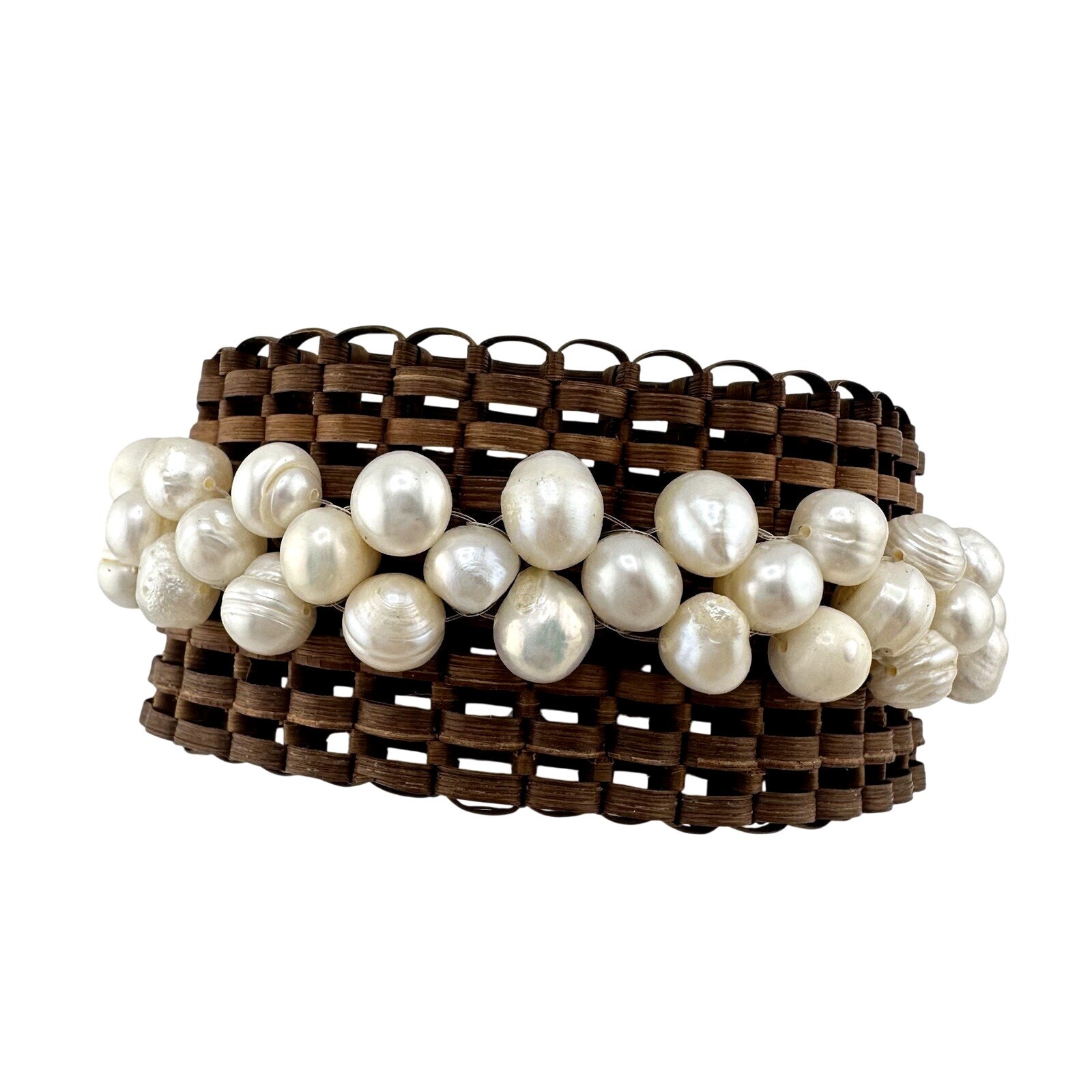 Freshwater Pearl Handmade Woven Brown Fiber Wide Bangle 6.25” Bracelet