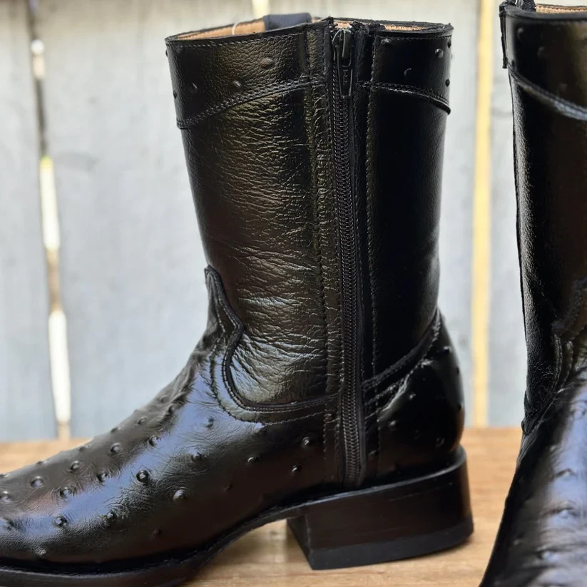 Genuine Leather Exotic Ostrich Print Dubai Ankle Western Boots with Zipper-Black