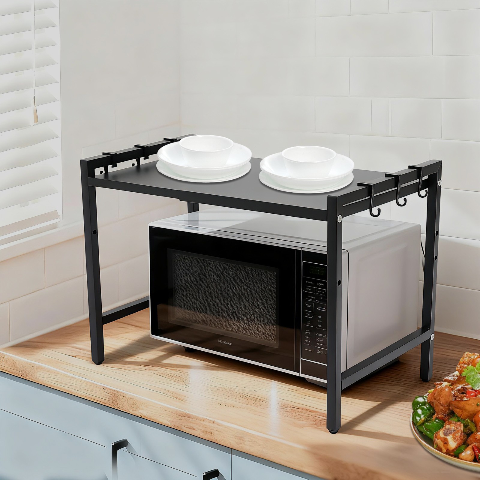 Kitchen Countertop Organizer with Hooks Adjustable Microwave Stand 66lbs Load