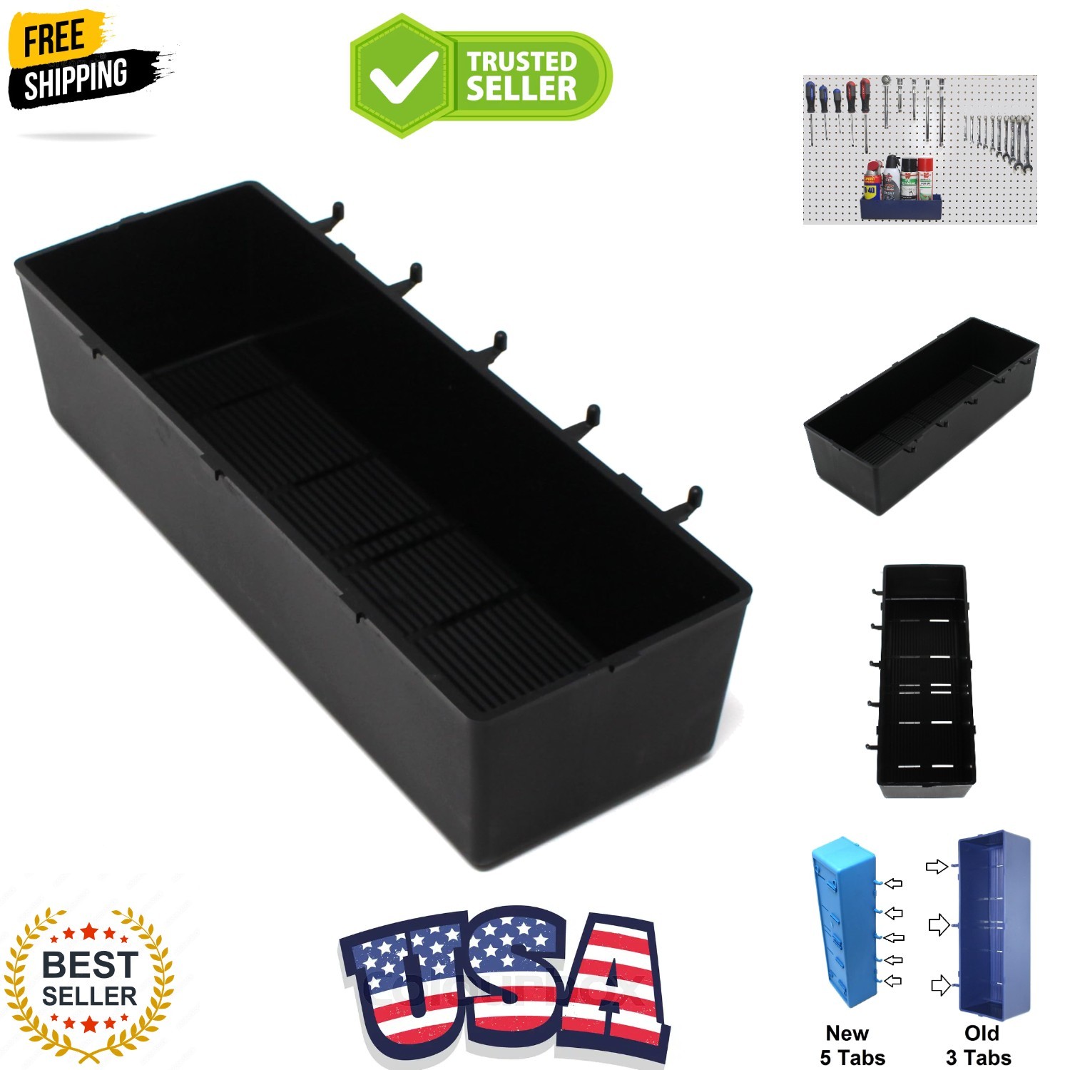 Heavy Duty Black Peg Board Storage Bin - Parts Storage Bins Hooks to Peg Tool...