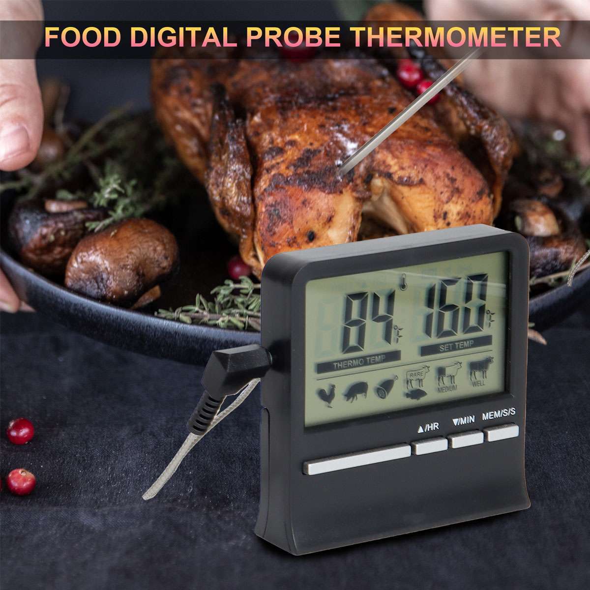 Digital Cooking Meat Thermometer & Clock Timer Food Steak Oven Smoker BBQ Grill