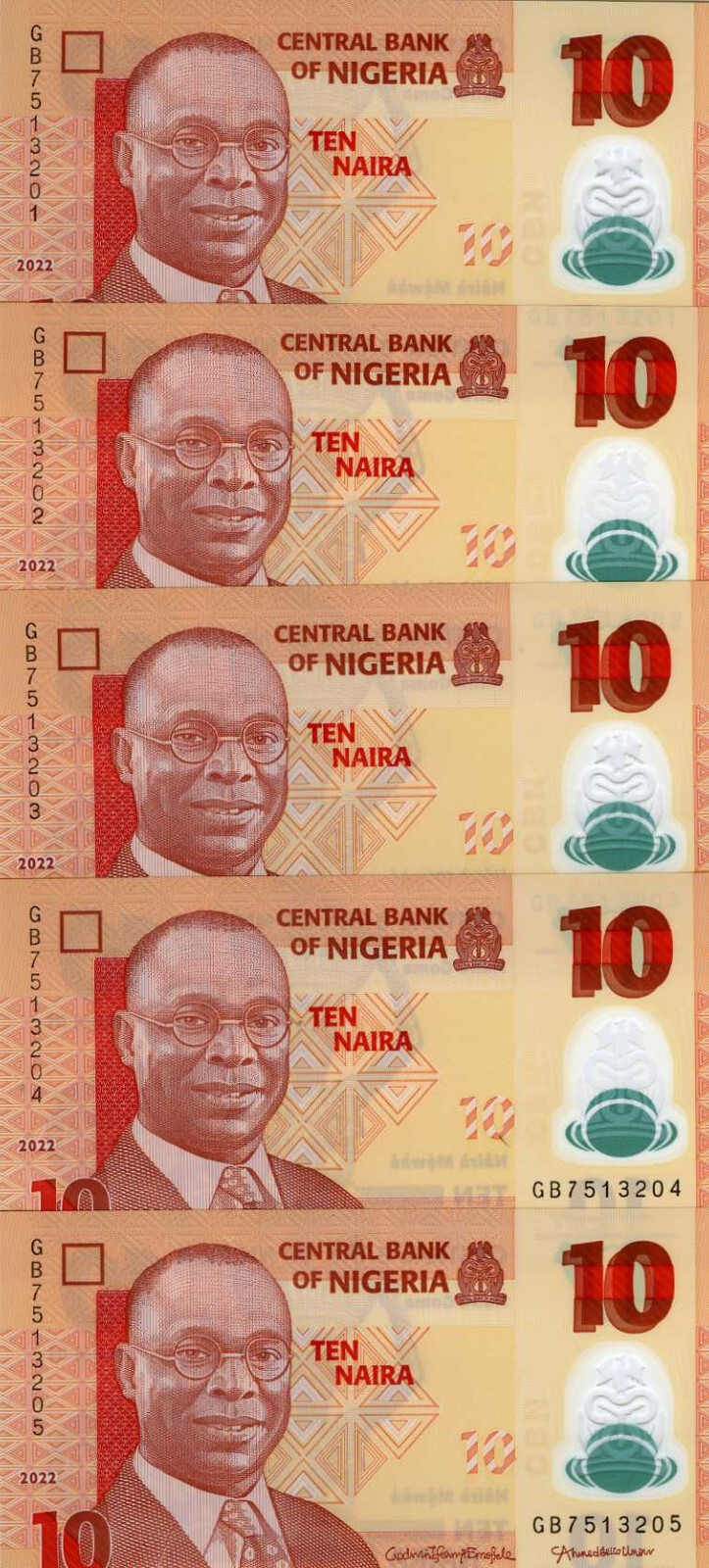 LOT Nigeria, 5 x 10 naira, 2022, P-New, POLYMER, UNC