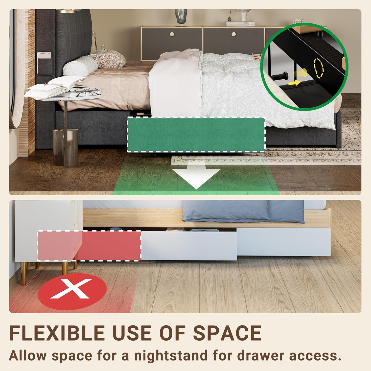 Twin Bed Frame with 3 Drawers, Upholstered Platform Bed with Storage Headboard a
