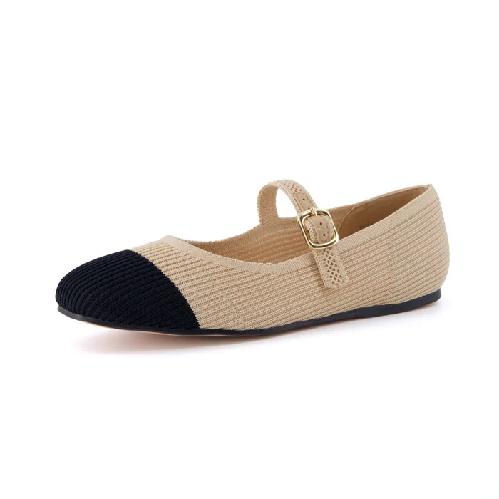 CUSHIONAIRE Women's Petal Mary Jane Knit Flat Beige/Black Size 10M Brand New!