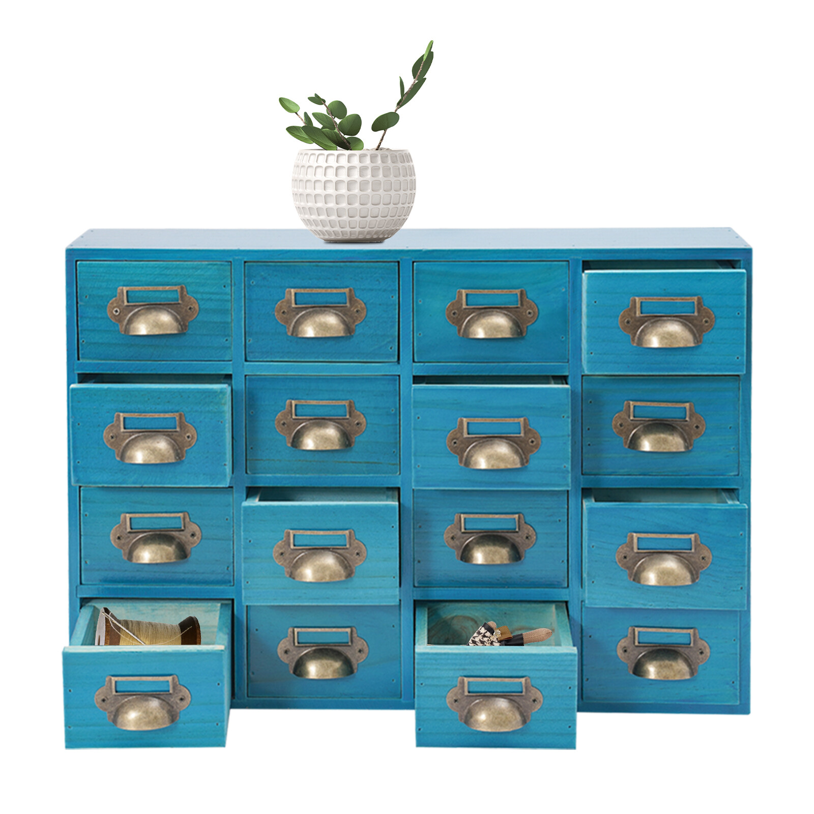 Drawers Storage Cabinet 16 Drawer Cabinet Wooden Medicine Cabinet Blue