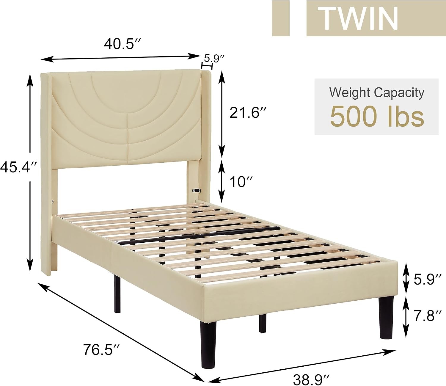 Twin Size Bed Frame Upholstered Platform with Wave Fabric Headboard/Wooden