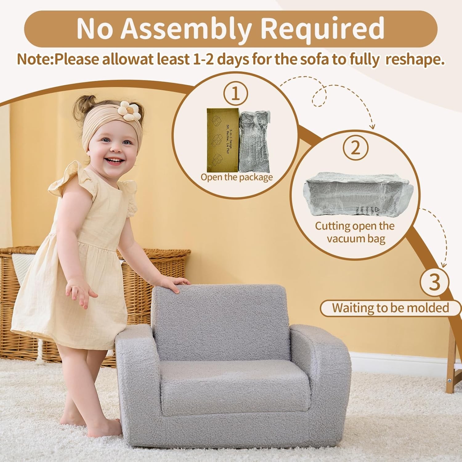 3-in-1 Toddler Couch Toddler Chairs Comfy 1-3 Years Old Kids Couch Bed Fold Out