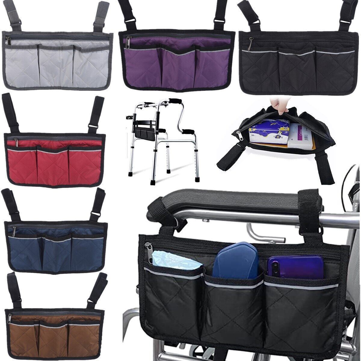 Outdoor Wheelchair Side Pocket Organizer Holder Pouch Armrest Storage Hang Bag