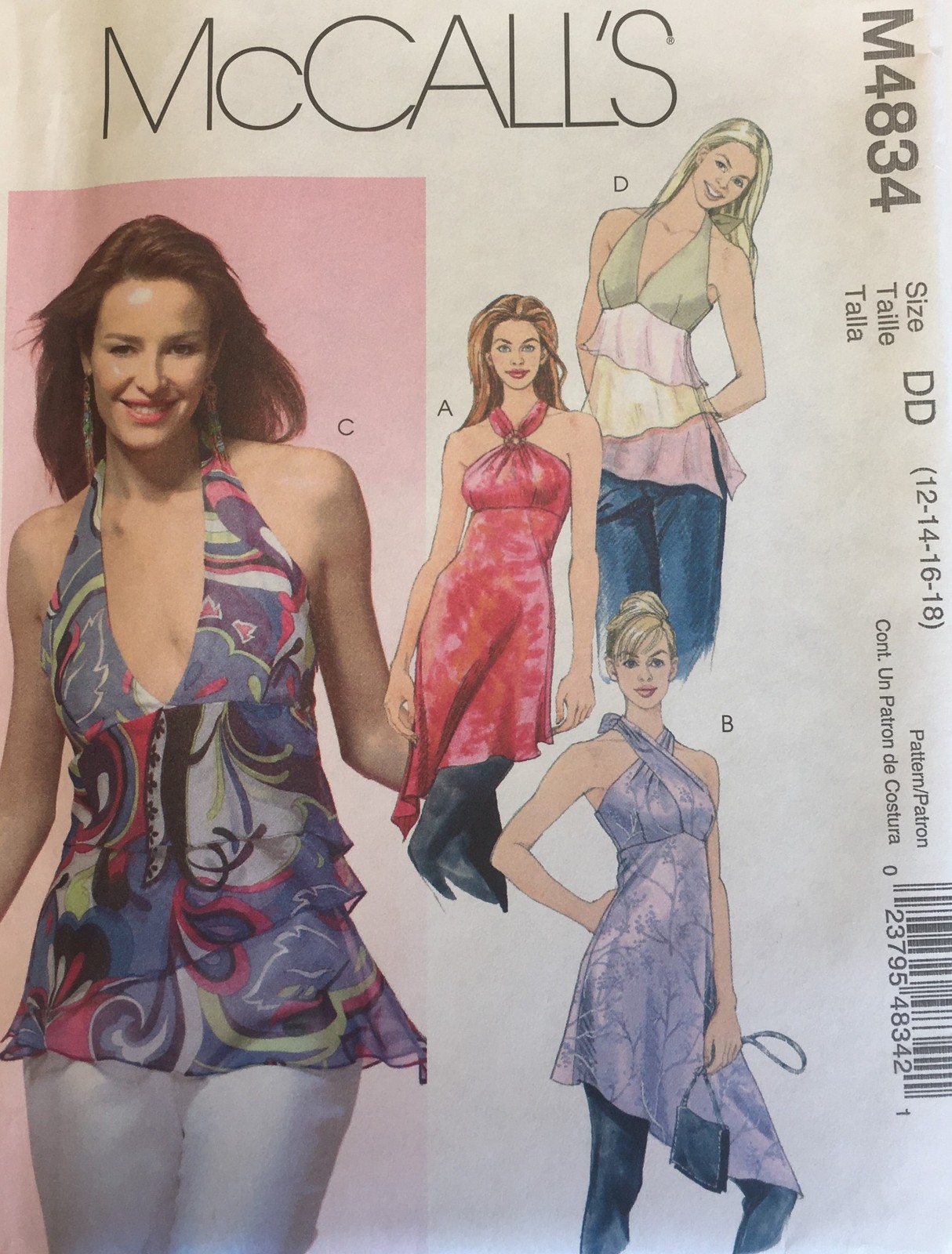 McCall Sewing Pattern 4834 sz 12-14-16-18, Empire Waist Halter Tops
