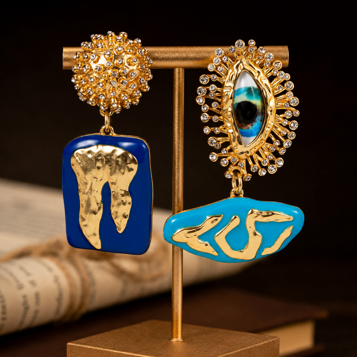 Schiaparelli Asymmetrical Gold Blue Enamel Eye Tooth Dangle Earrings 6.3cm