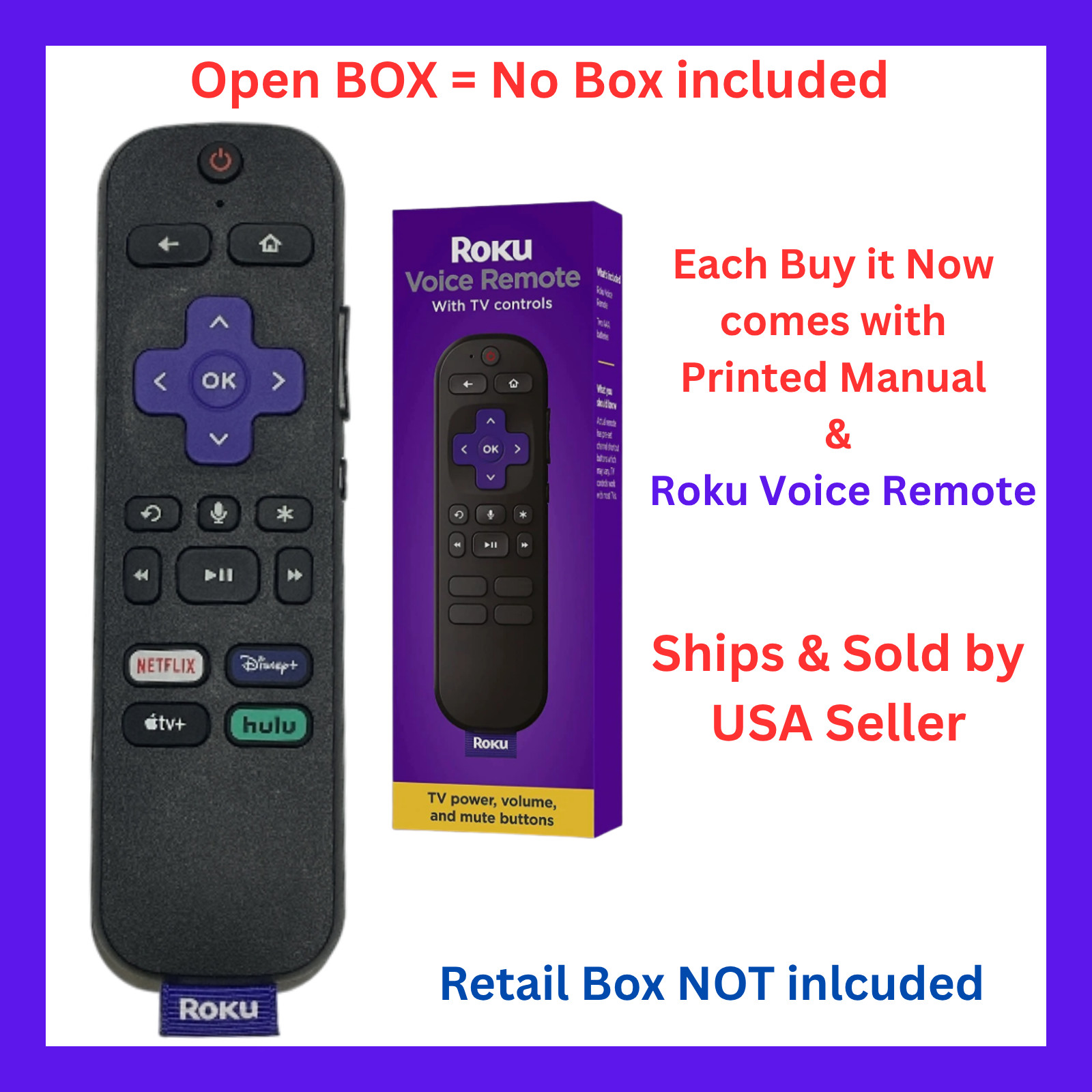 USED Roku Voice Remote Netflix / Disney+ / Apple Tv+ / Hulu RC-FA1 3226001105
