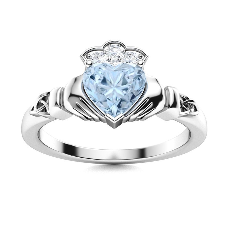 Claddagh Ring Heart Shape Aquamarine 925 Sterling Silver Solitaire Promise Ring