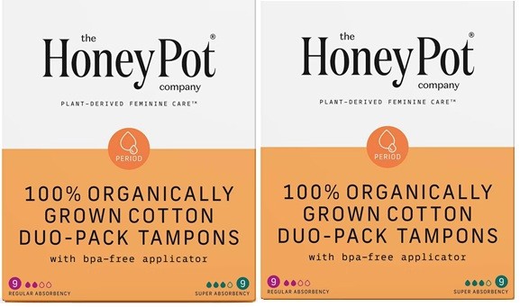 Honey Pot 100%Organic Grown Cotton Tampons Duo Pack – Reg - Sup - 18 ct (2 Pack)
