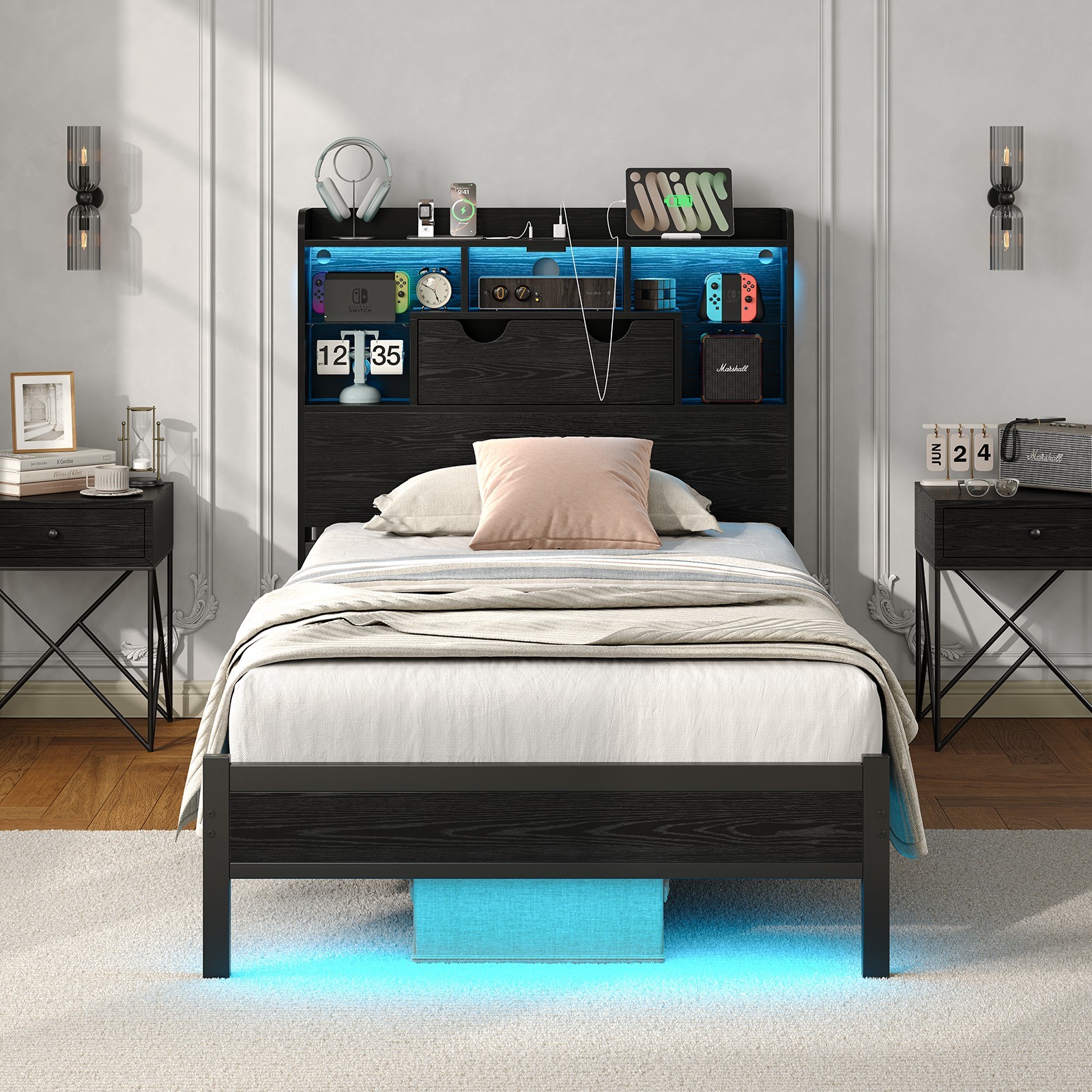 Twin Bed Frame with RGB LED Lights & Charging Station, Metal Platform Bed