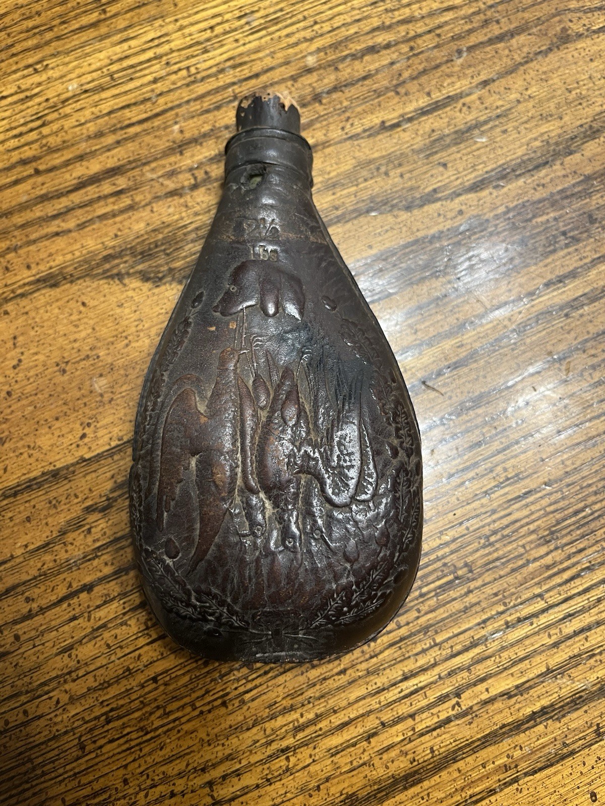 Antique 1800s Civil War Era Leather Embossed Duck Hunting Black Powder Flask