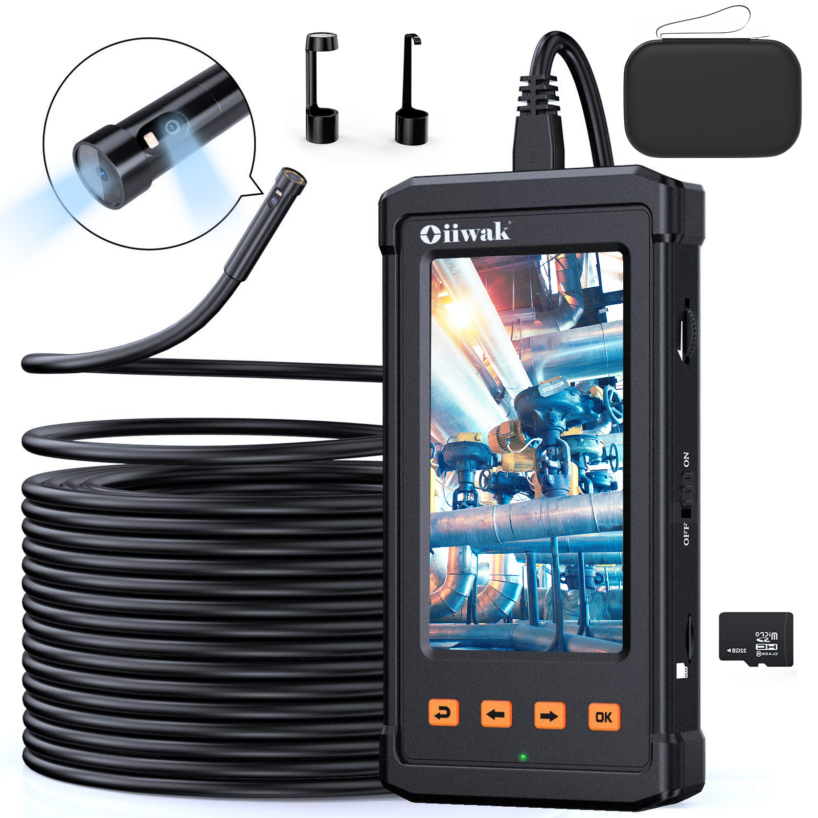 Oiiwak 1080P Industrial Endoscope Borescope Dual Lens 15m 8mm Inspection Camera