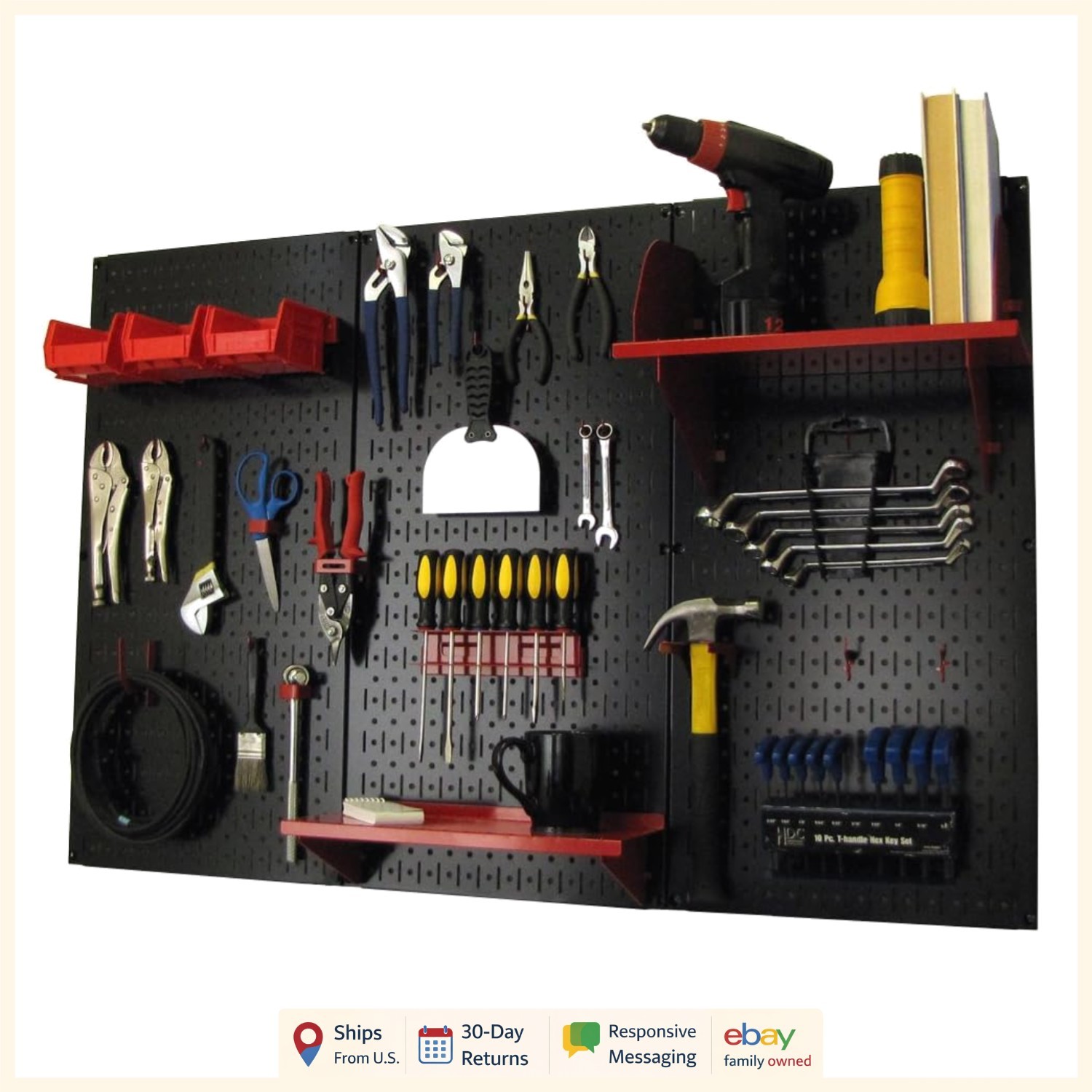 Metal Pegboard Organizer Kit with Wall Mount, Black and Red Tool Accessories