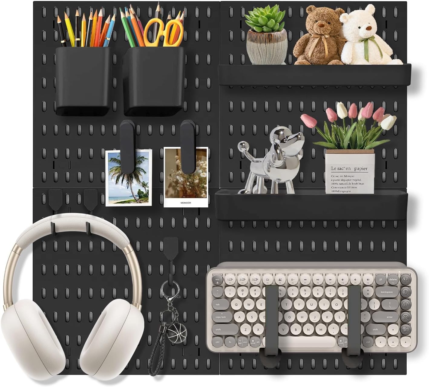 Pegboard Wall Organizer Set – 4 Peg Boards with Hooks & Shelves – Office, Ki