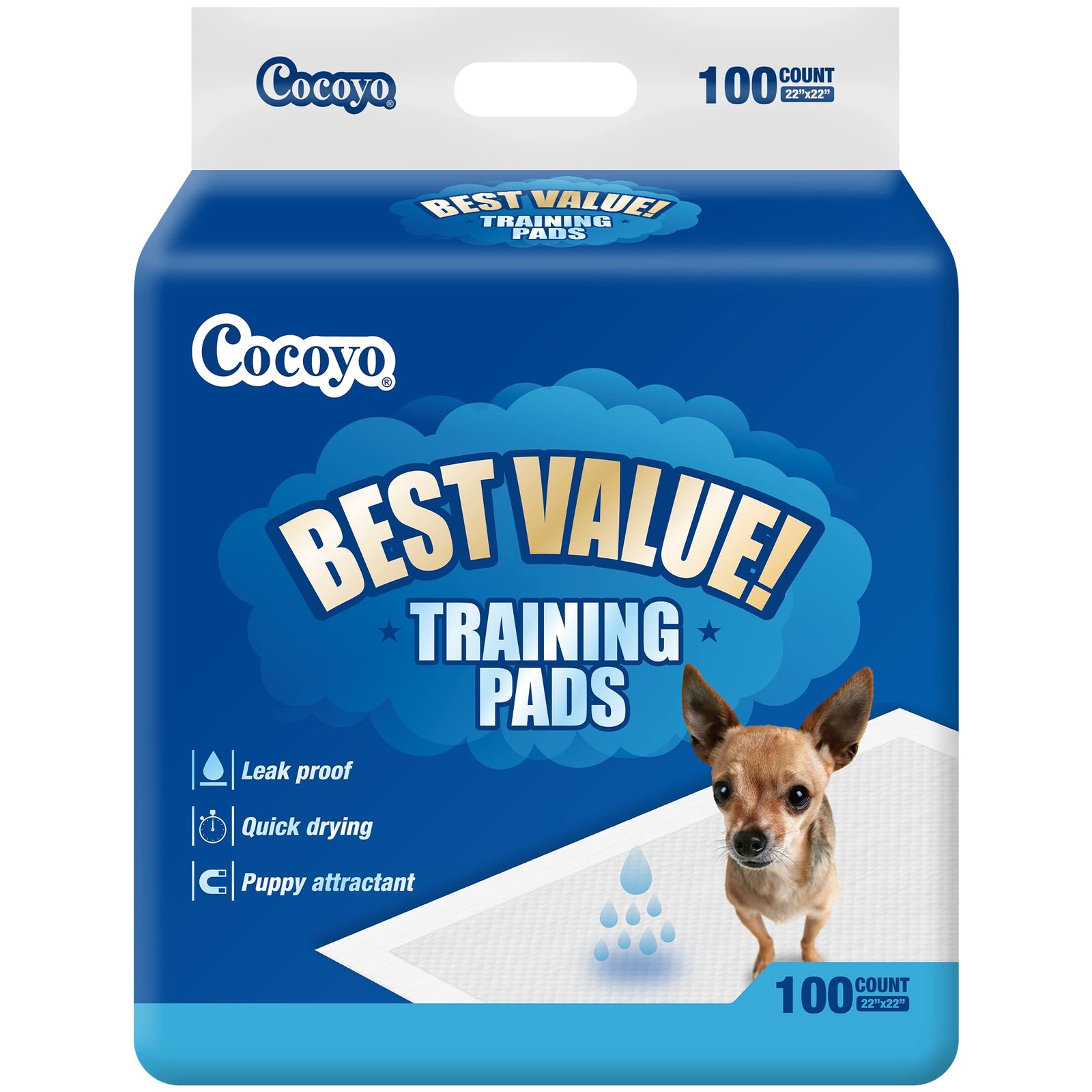 COCOYO Best Value Training Pads, 22" x 22", 100 Count, White & Blue Puppy Pads