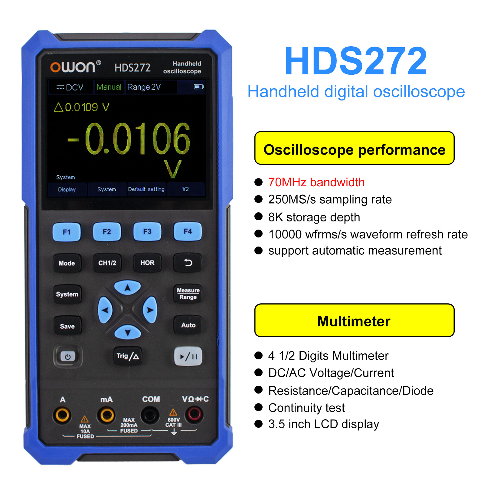 OWON HDS200 Series Handheld Digital Oscilloscope 2CH+1CH Waveform Generator USB