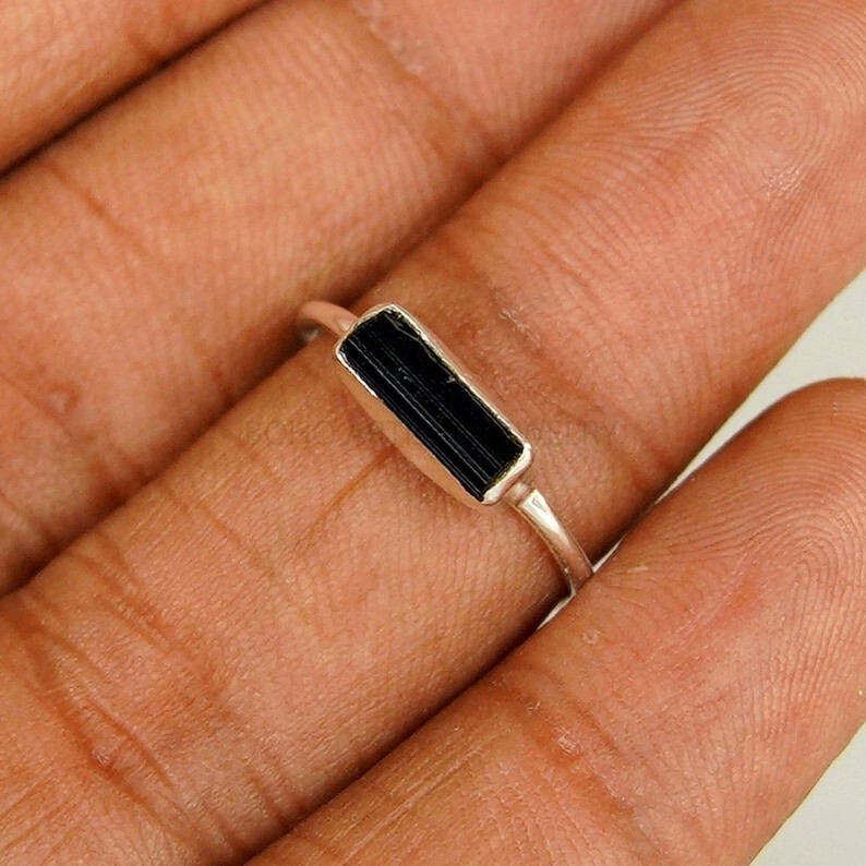 Raw Black Tourmaline Stick Bar Ring Ring Stackable Ring 925 Sterling Silver Ring