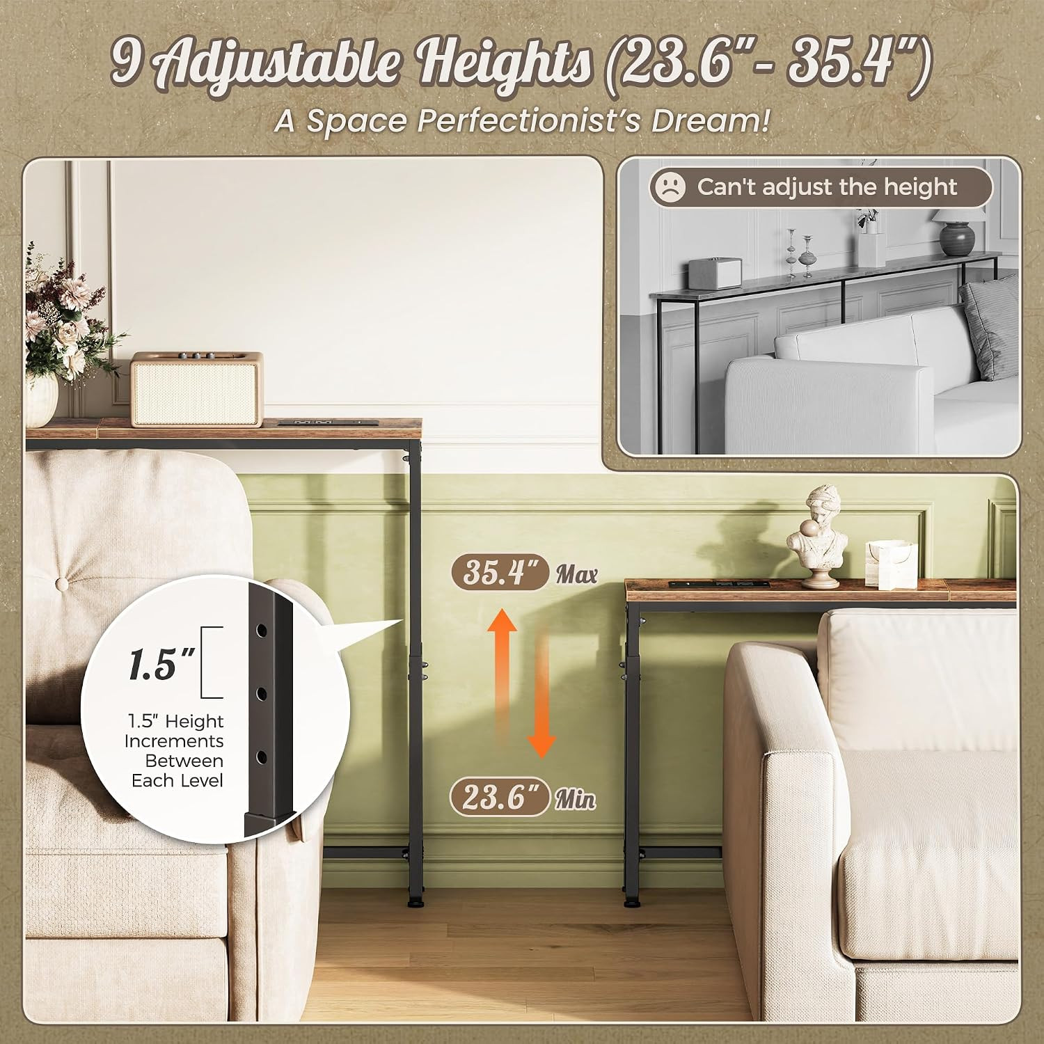 Narrow Console Table with Power Outlets & USB-C, Rustic Brown | 23.6"-35.4" Adju