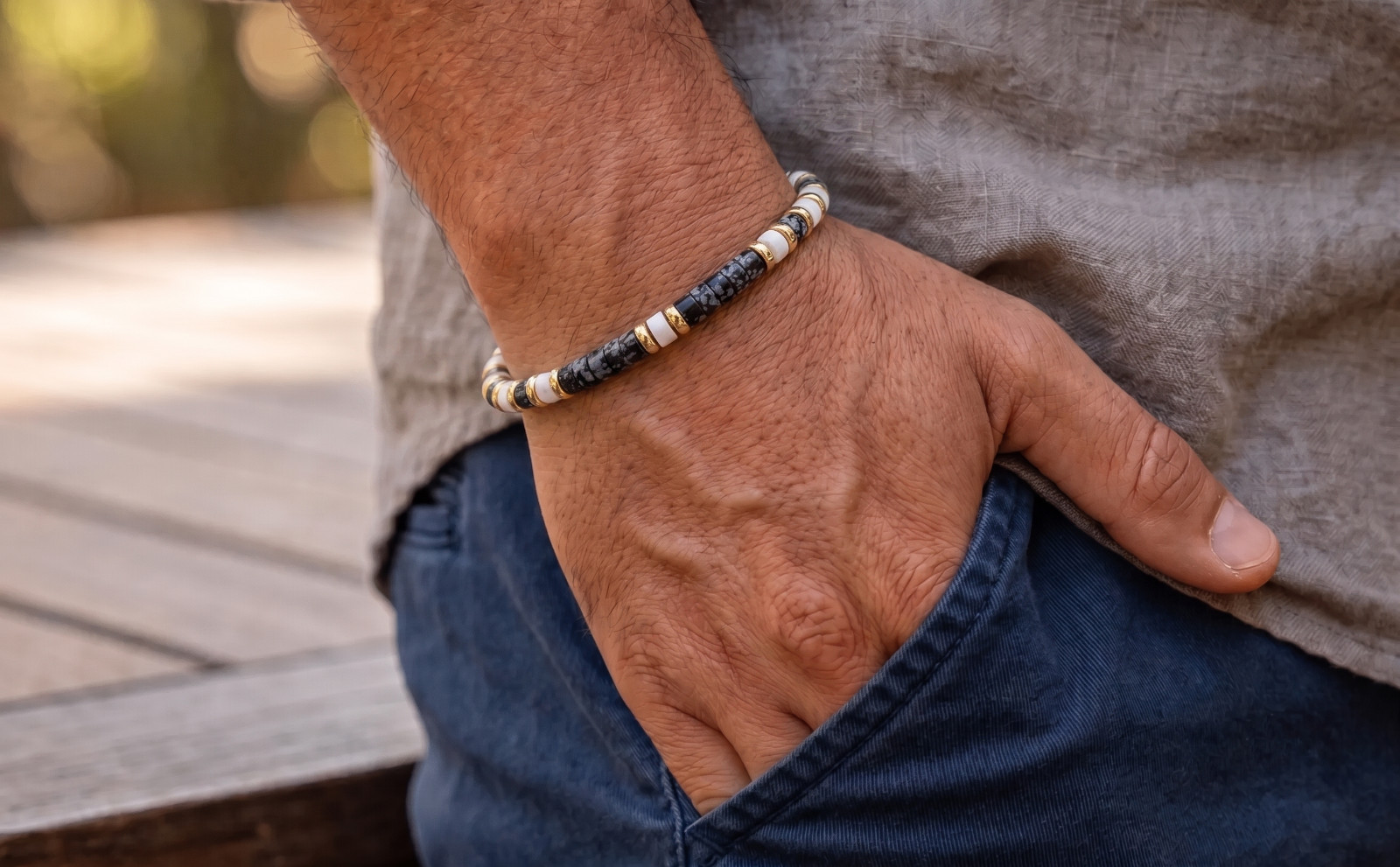 4mm Obsidian White Buffalo Bracelet | Solid 14K Gold | Unisex