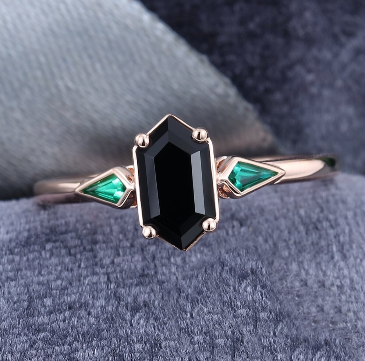 925 silver, emerald, black onyx ring, hexagon cut, statement ring, vintage ring
