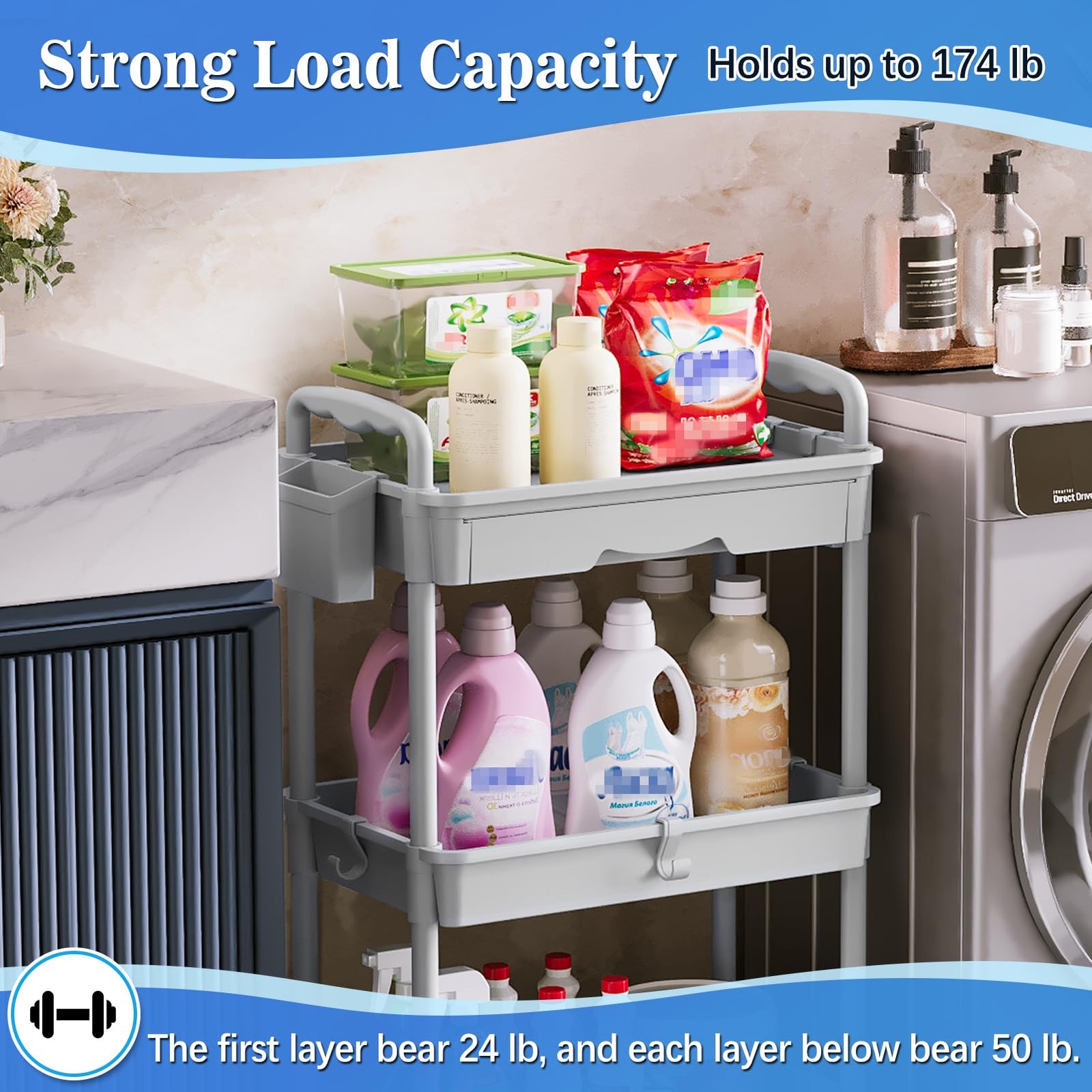 Gray 3 Tier Rolling Cart Drawer Bathroom Storage Organizer Lockable Wheels