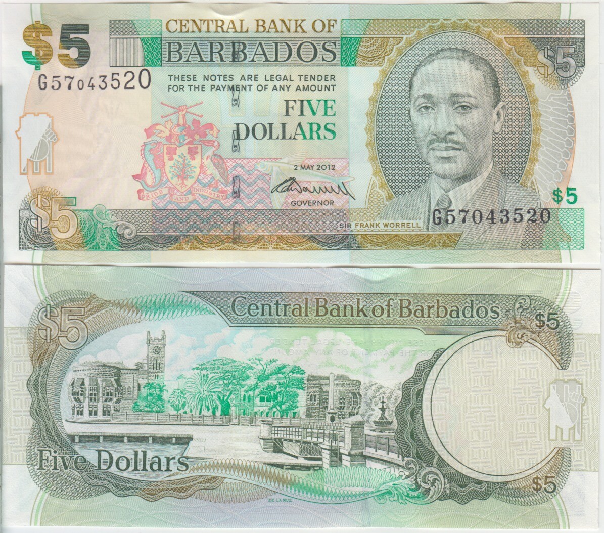 Barbados banknote P.67c  5 Dollars 2.5.2012,  AU.  We Combine 2001 yy2
