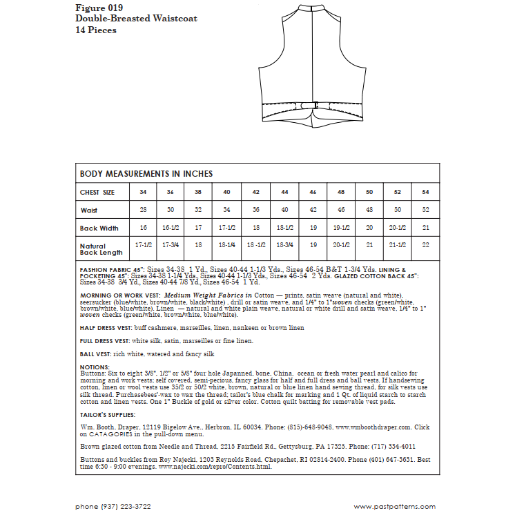 Past Patterns 0019 - 1840s Double-Breasted Waistcoat pattern Chest Sizes 34"-46"
