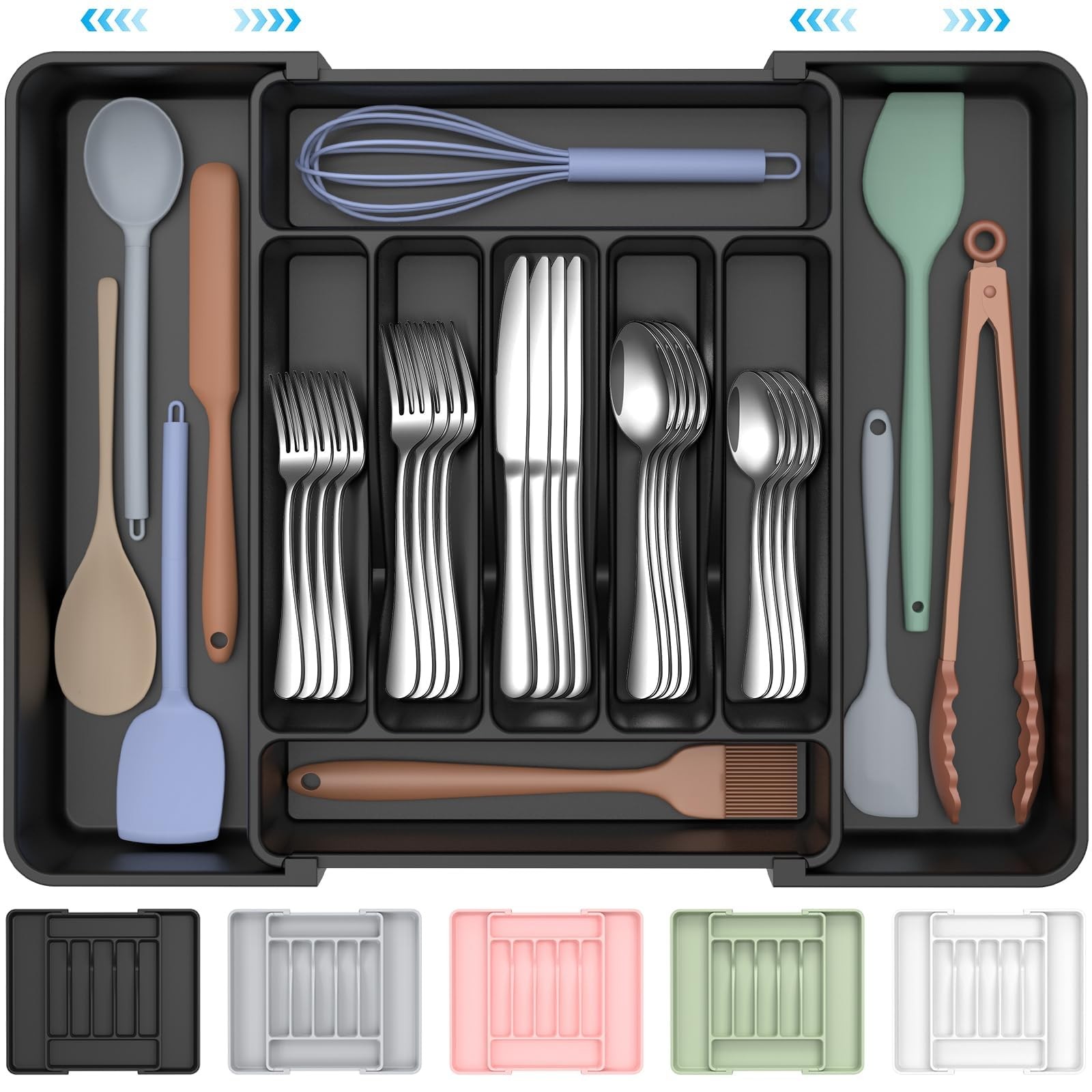 Expandable Silverware Organizer, Adjustable Cutlery Drawer Organizer, Black