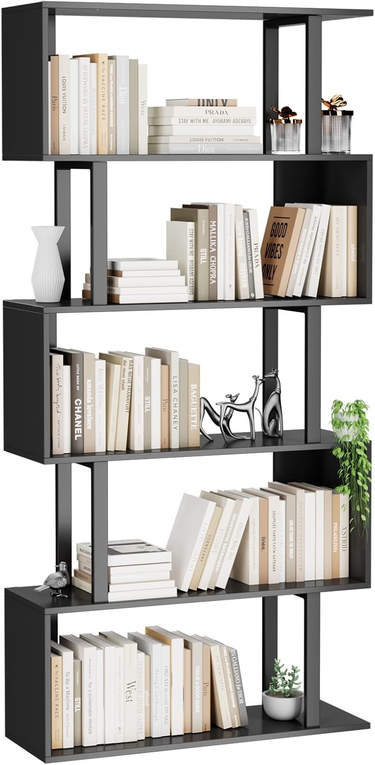 5-Tier ometric Bookcase, S Shaped Bookshelf, Wood Decorative