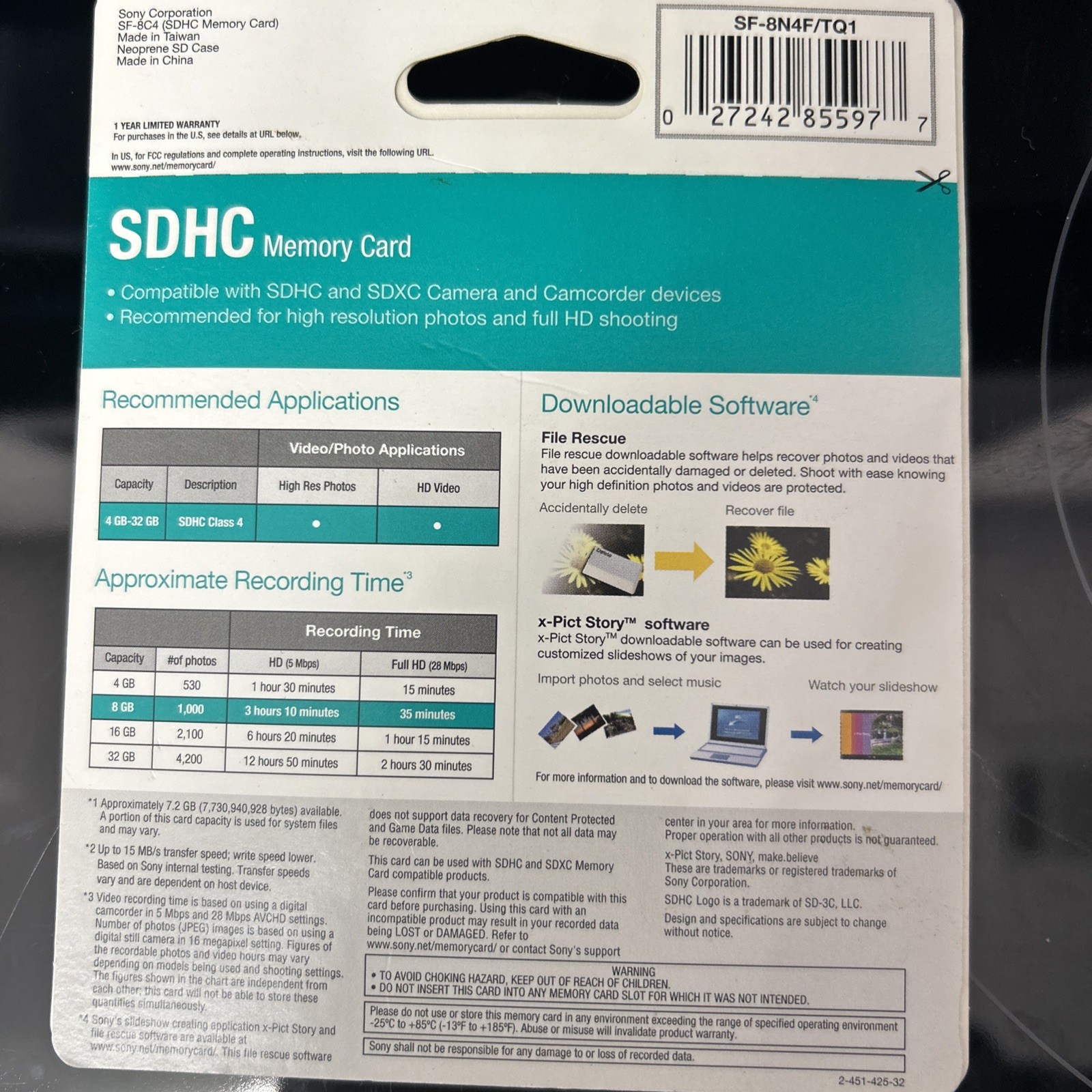 New - Genuine Sony 8GB SDHC Memory Card With Bonus Case
