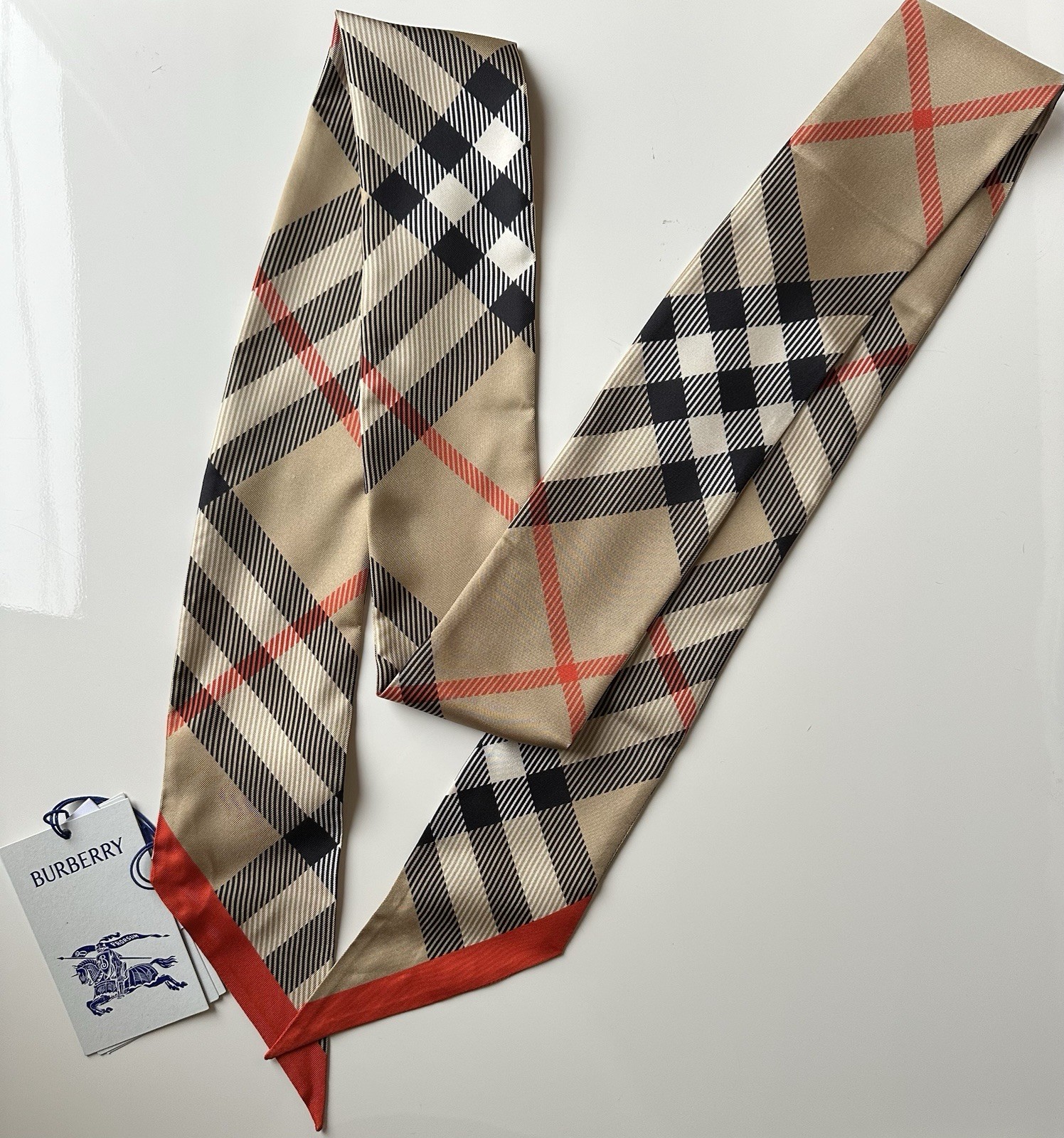BURBERRY Women’s Bandeau Skinny Silk Scarf Reversible Check 180/8cm!