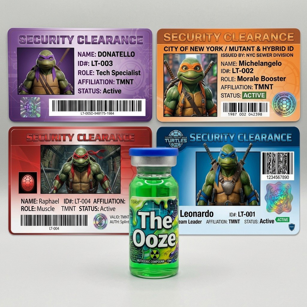 4 TMNT ID cards + The Ooze 10ml Vial- Leonardo, Donatello, Michelangelo, Rapheal