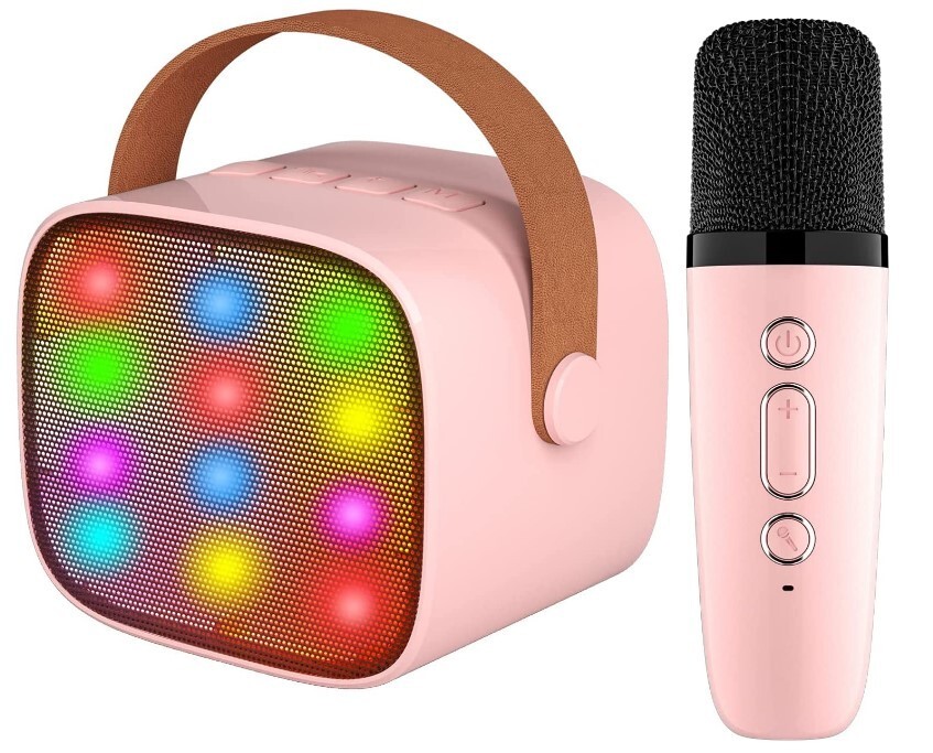 YLL Kids Karaoke Machine Portable Bluetooth Speaker w/ Wireless Microphone Pink