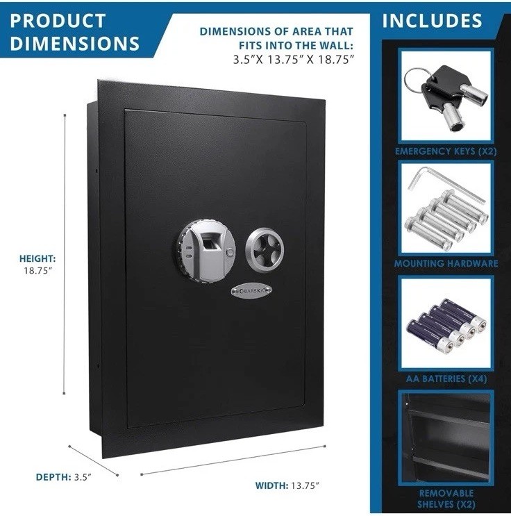 Barska Left Opening AX13034 Wall Mountable Wall Safe with Keys - Biometric Lock