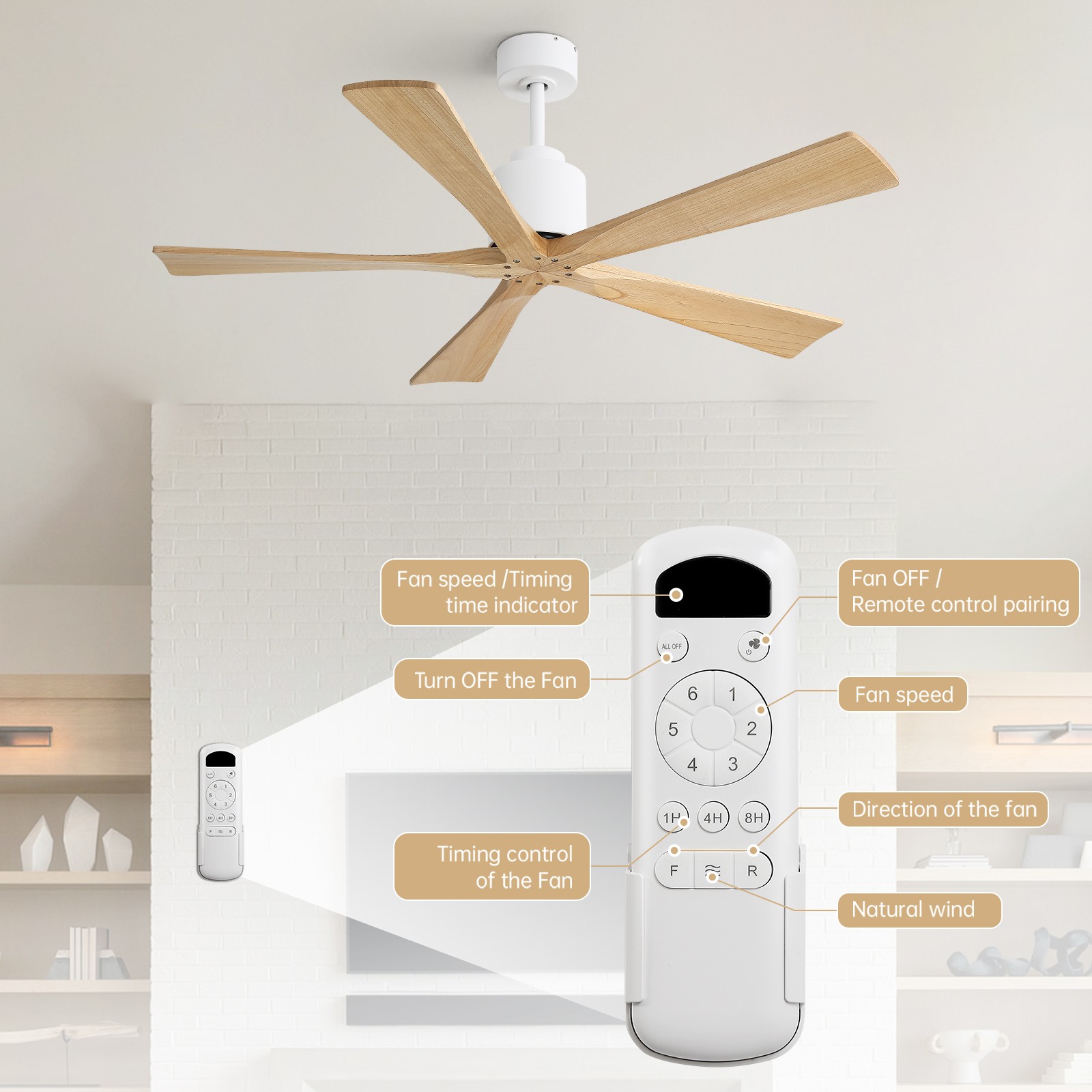 52" Solid Wood Flush Mount Ceiling Fan with Remote & Silent DC Motor Reversible
