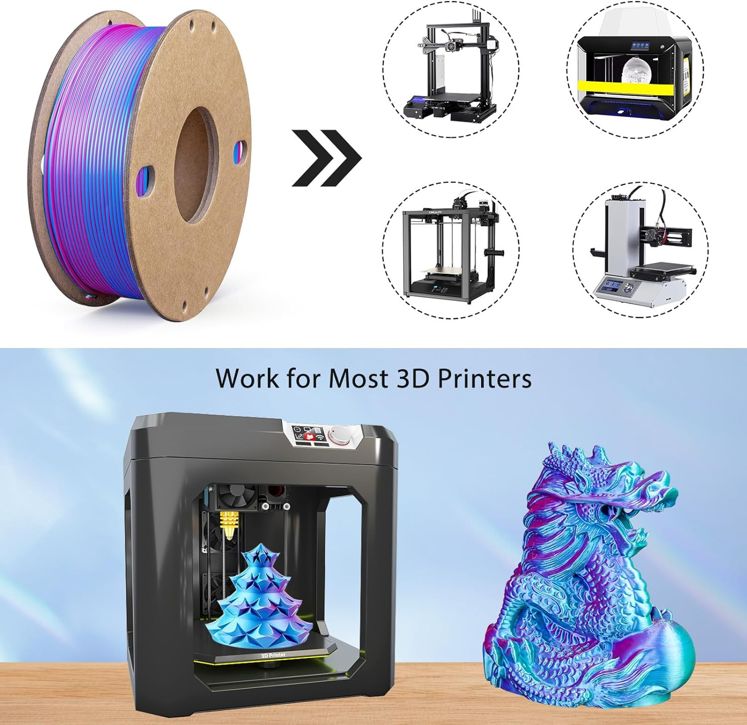 Silk Triple Color PLA Filament 1.75Mm, 3-In-1 Coextruded Shiny Multicolor 3D ...