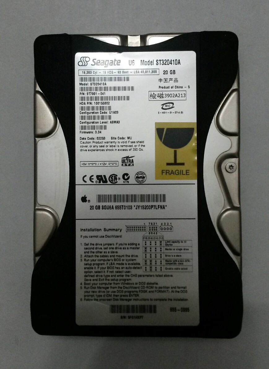 SEAGATE U6 ST320410A 20GB IDE Hard Drive P/N:9T7001-041 F/W:3.34 Site:WU