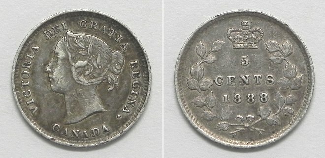 X2572  1888 Canada Silver Five 5 Cents, XF, Scarce Date