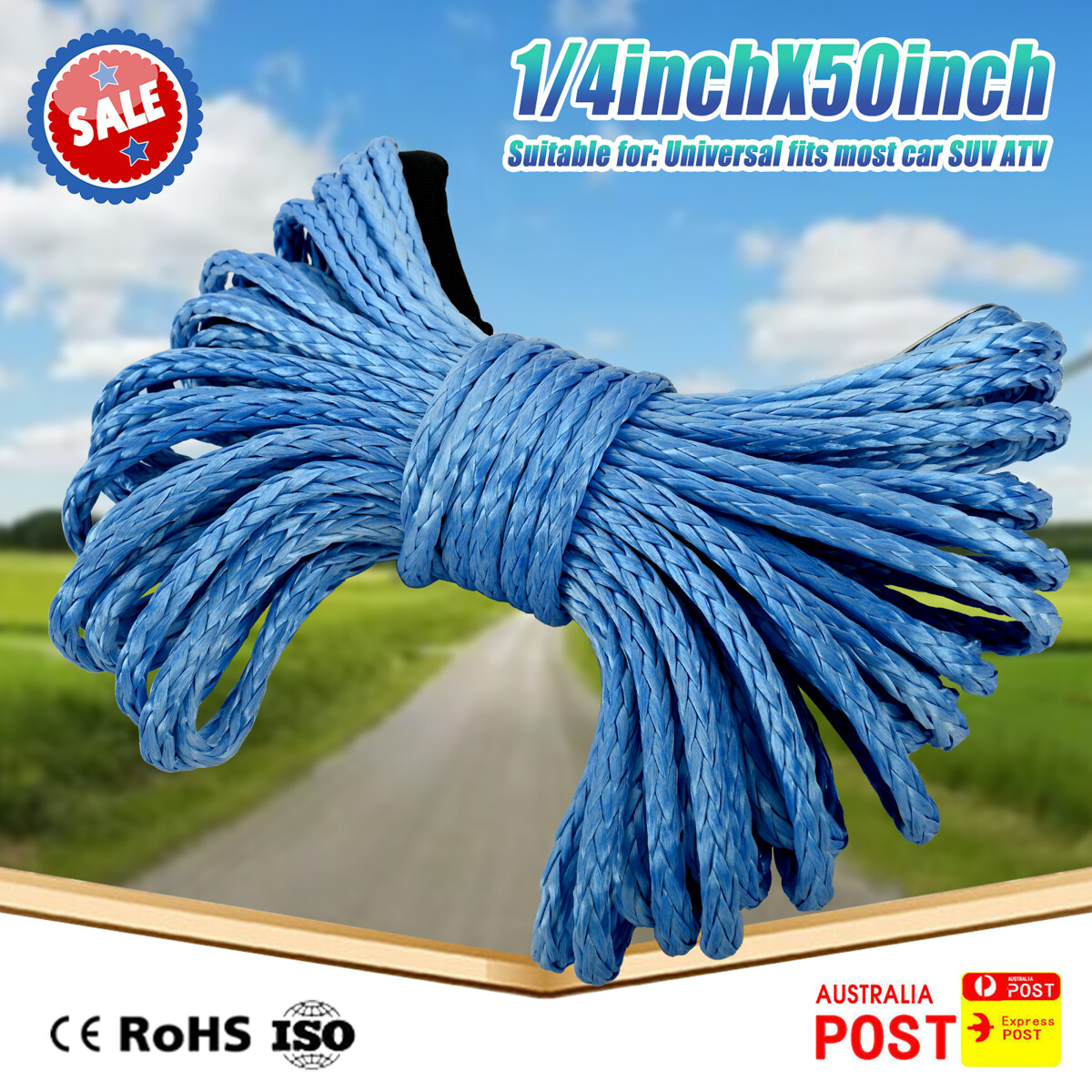 1/4"x50' 10000LBS Synthetic Winch Rope Line Recovery Cable 4WD ATV w/ Sheath