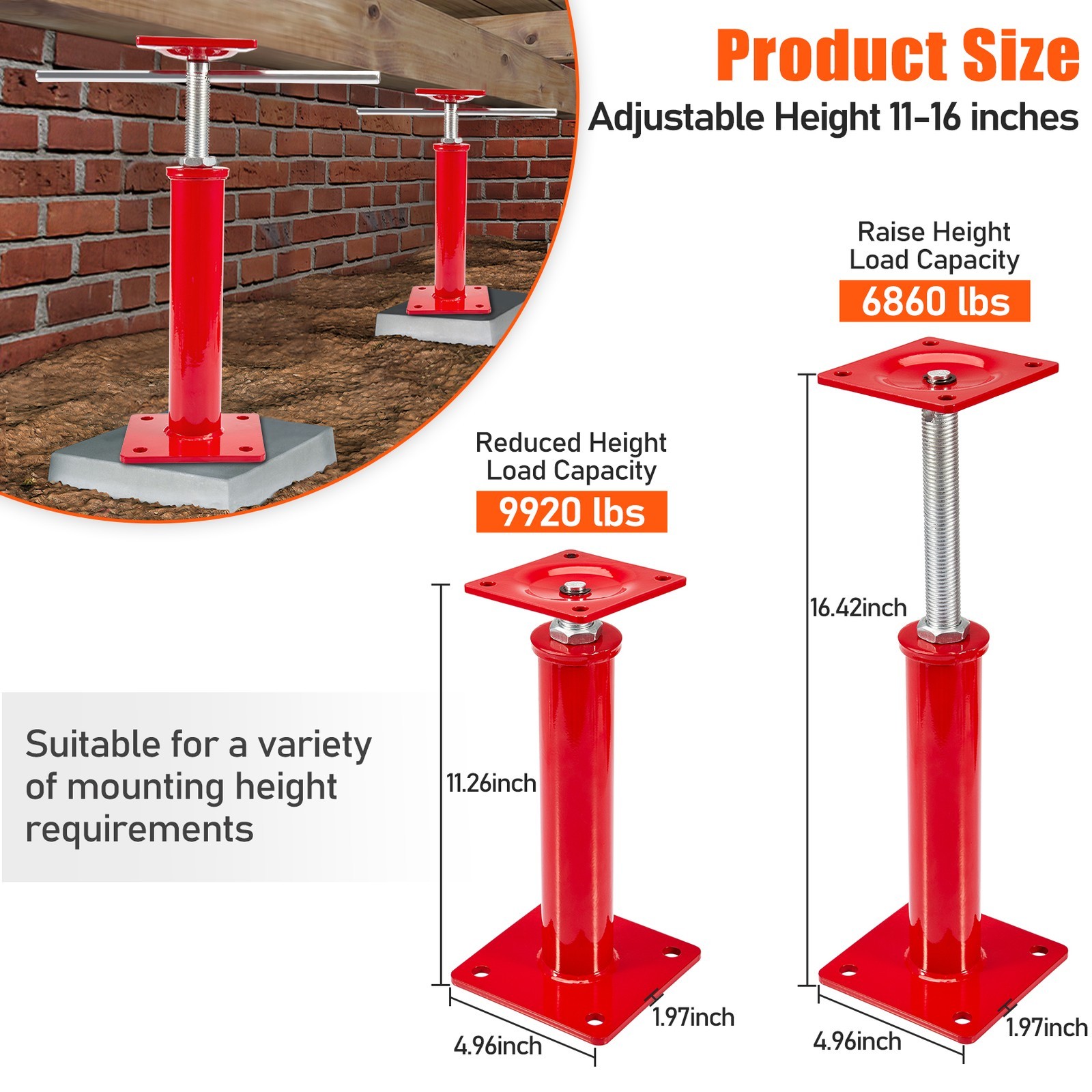 Universal 11"-16"Height Floor House Jacks for Leveling Crawlspace Screw PoleJack