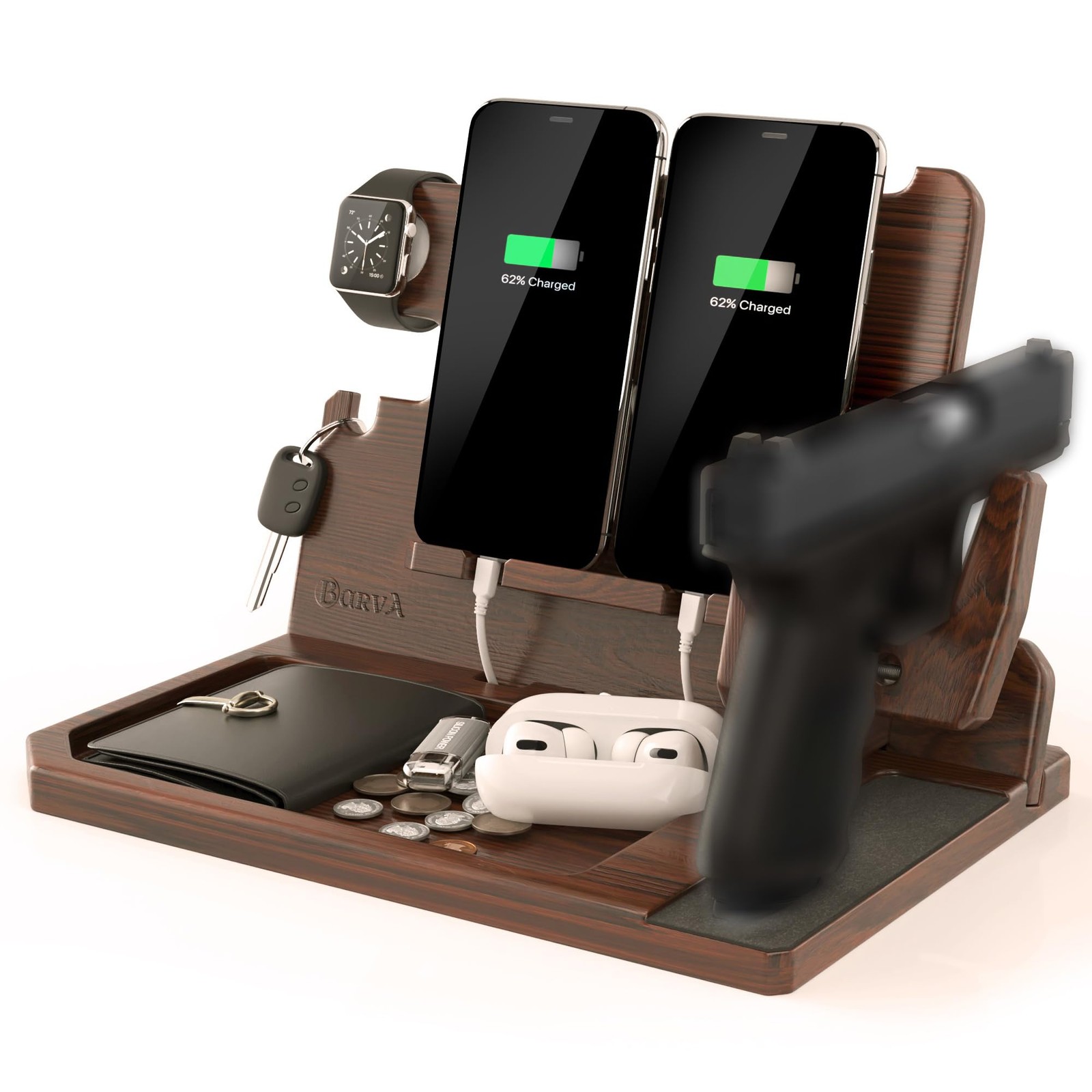 BarvA 2 Phone Docking Station | Patented Adaptive Wood Gun Large, Dark Walnut
