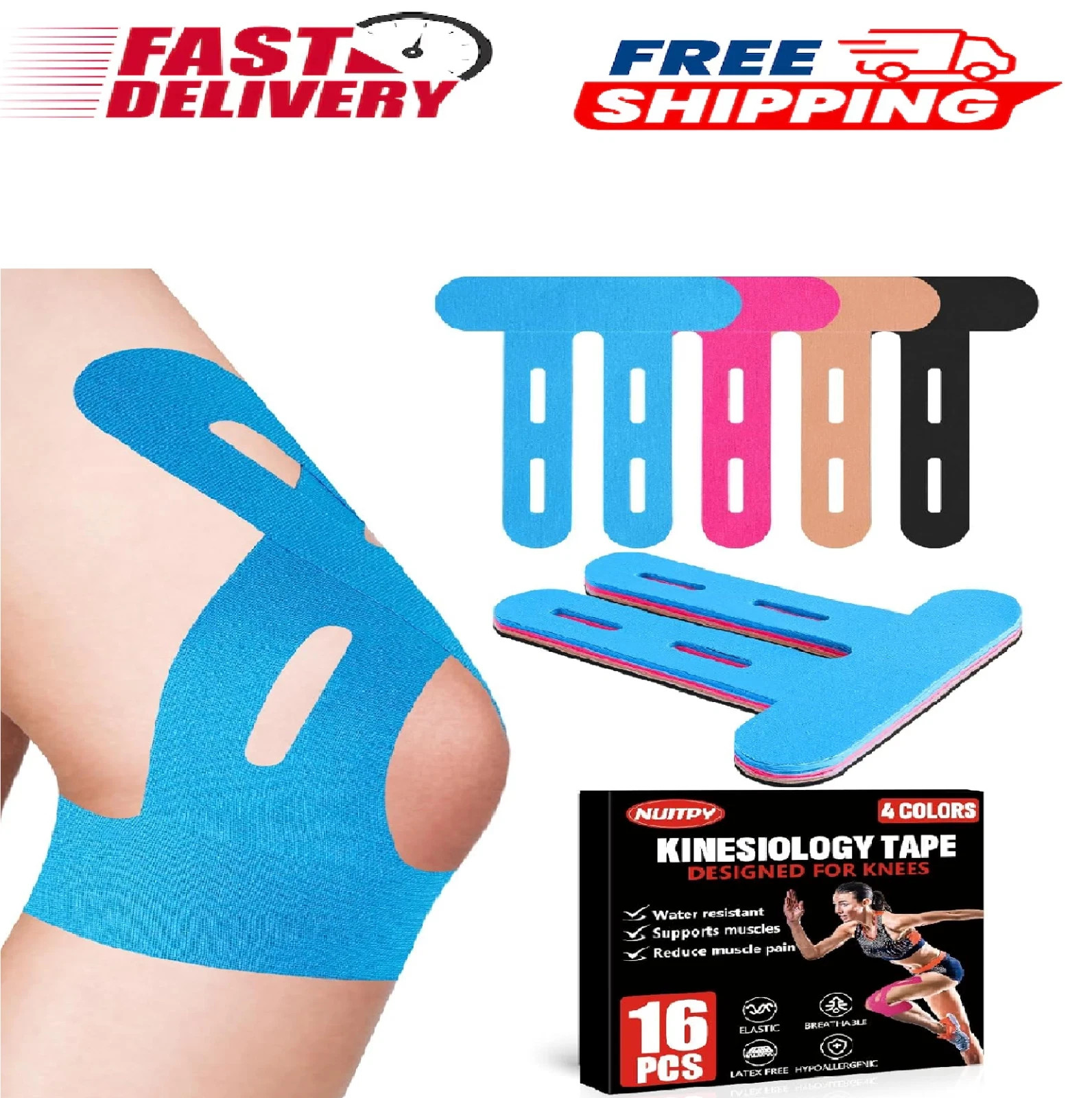 16 PCS Kinesiology Tape for Knees, 4 Colors Knee Support Tape, Precut Knee Tape