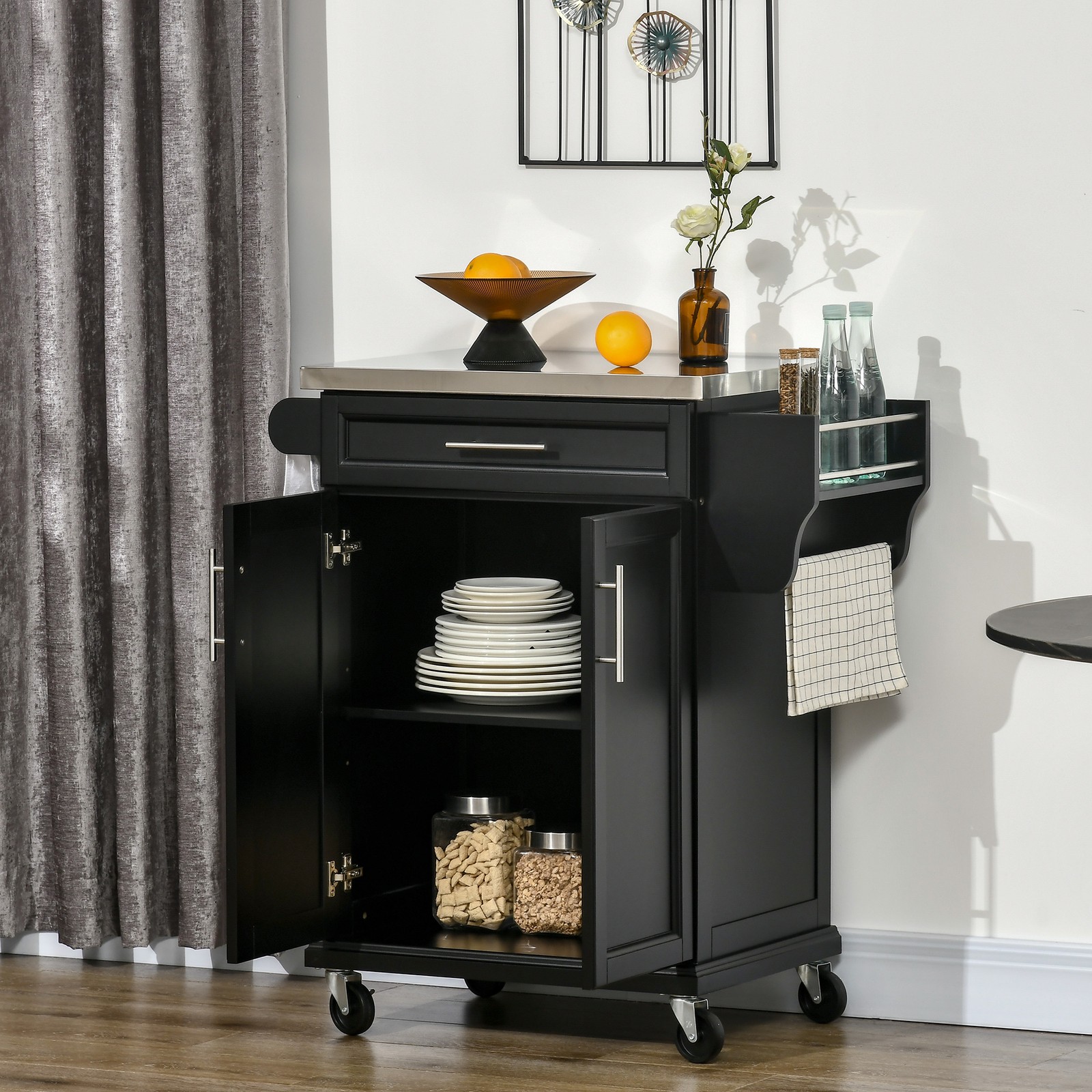 Rolling Kitchen Island on Wheels with Drawer, Spice Rack, Black