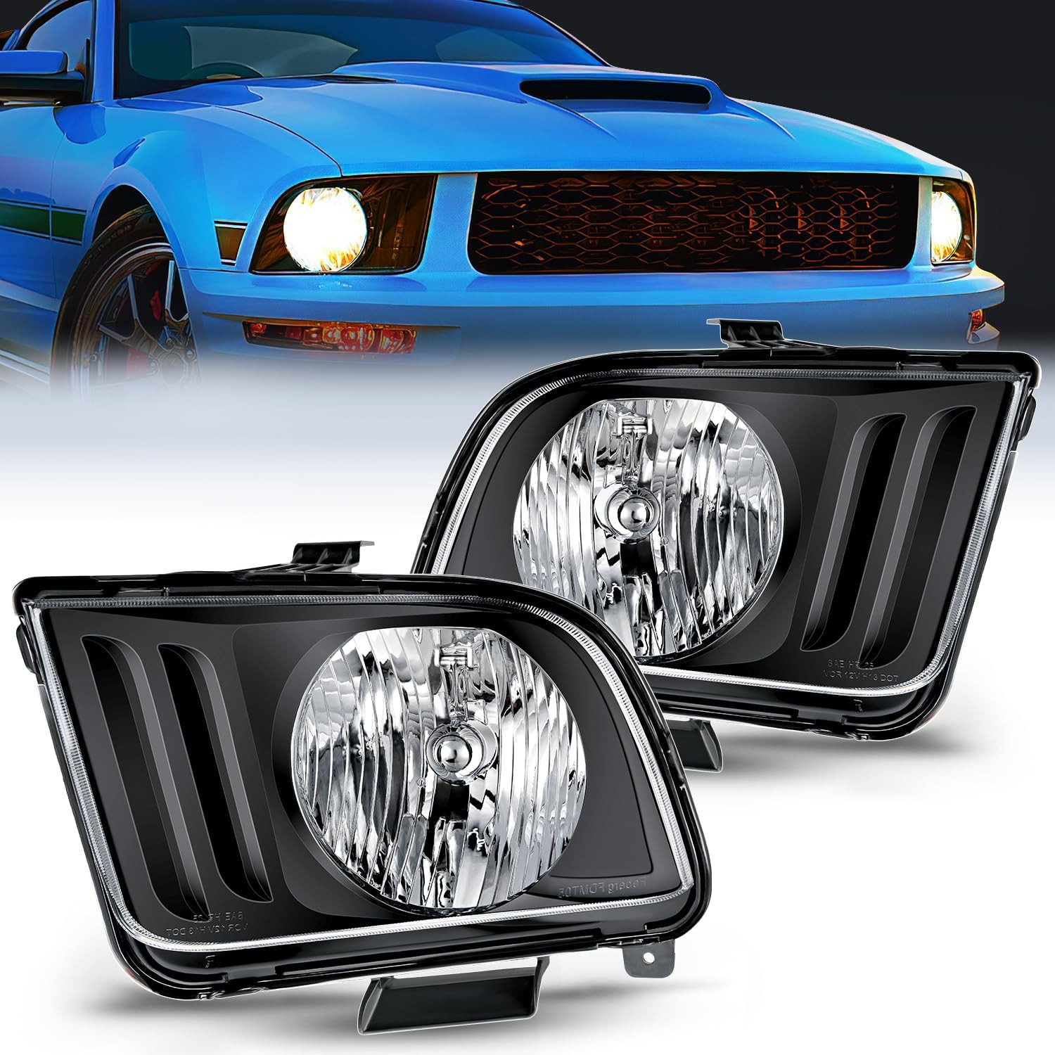 Front Headlight Assembly Black Housing Clear Reflector Pair for 05-09 Mustang