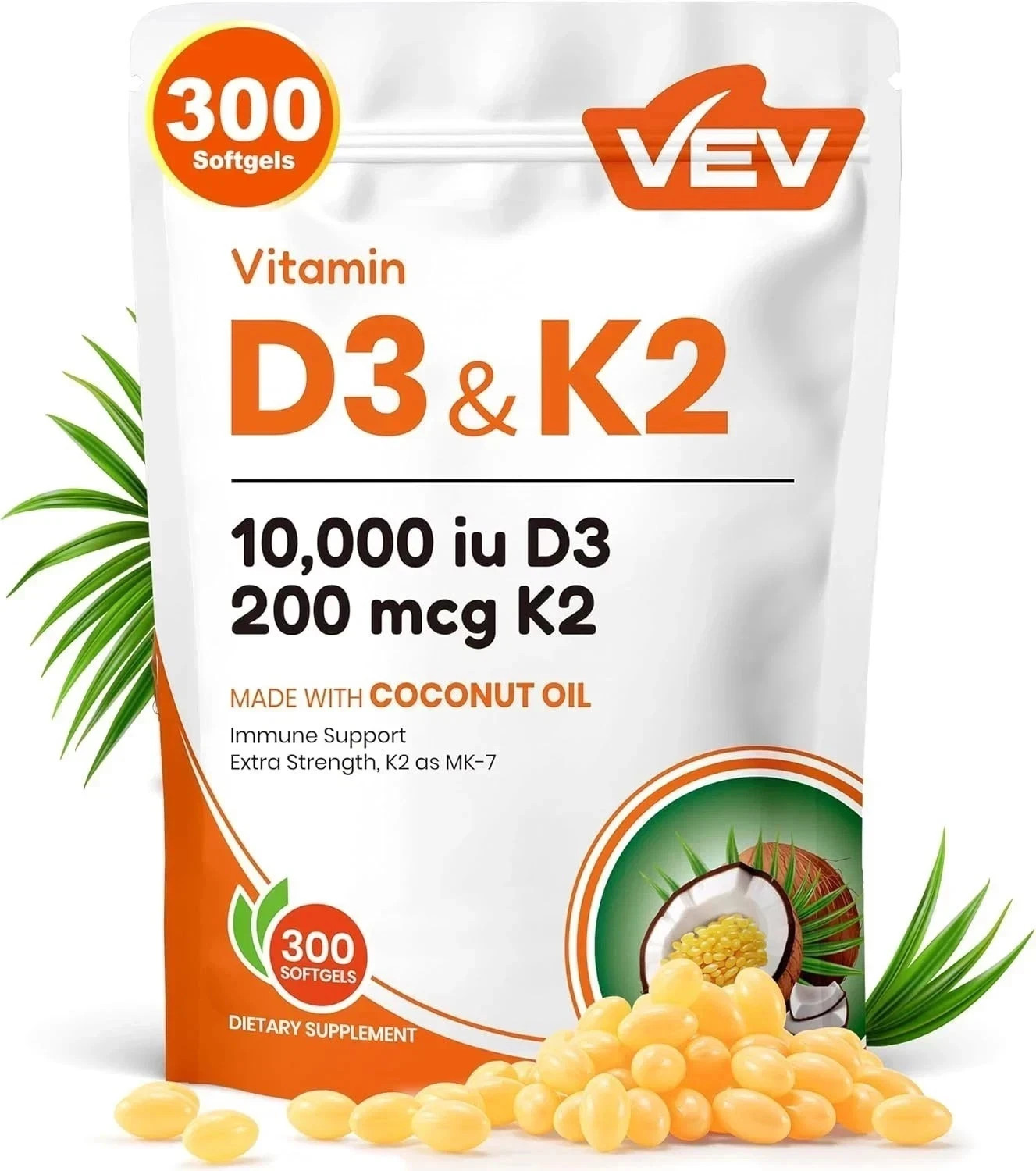 VEV 2-in-1 Vitamin D3 10000 IU & K2 | 300 Softgels with Virgin Coconut Oil