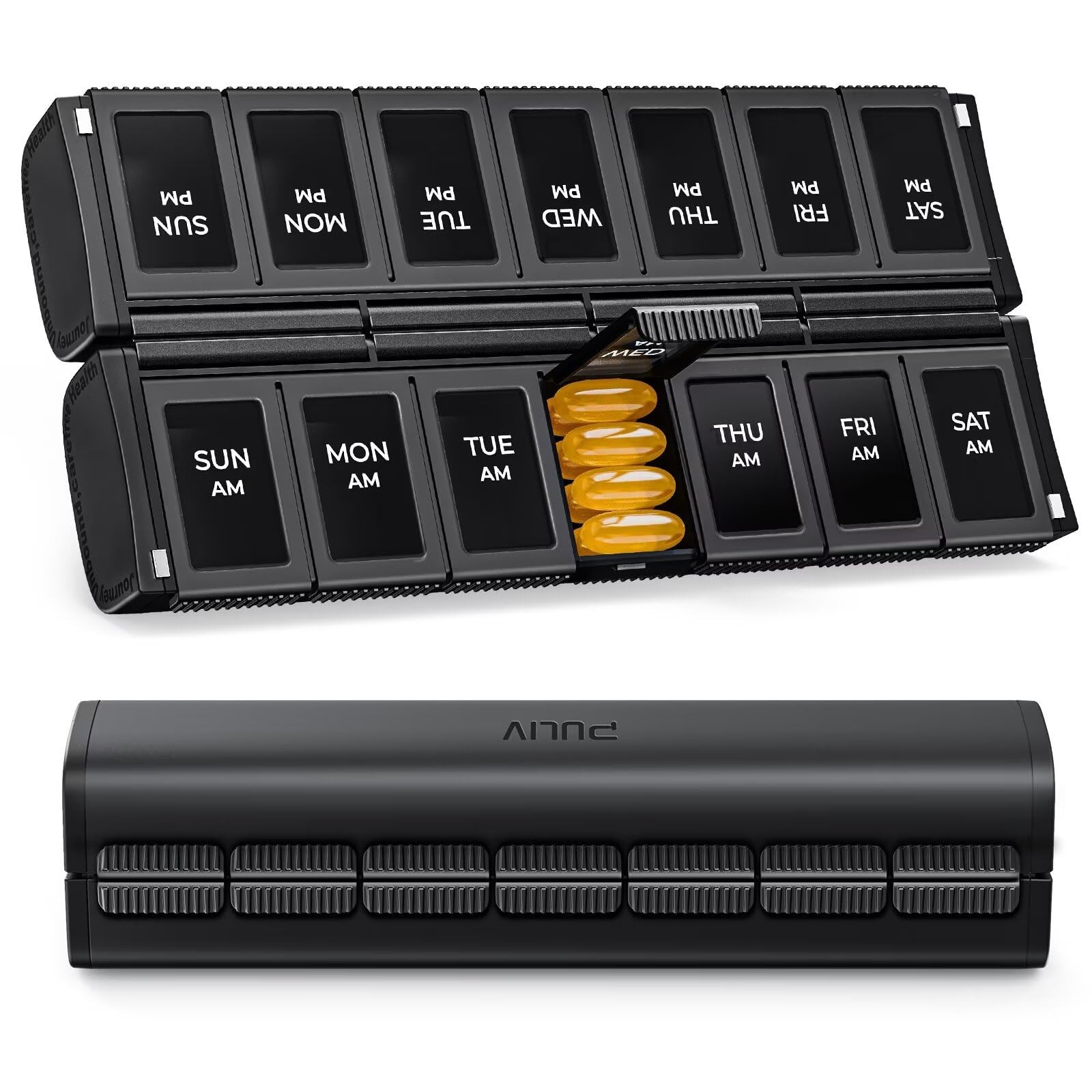 PULIV Weekly Pill Organizer 2 Times a Day with Magnetic Foldable Design Black